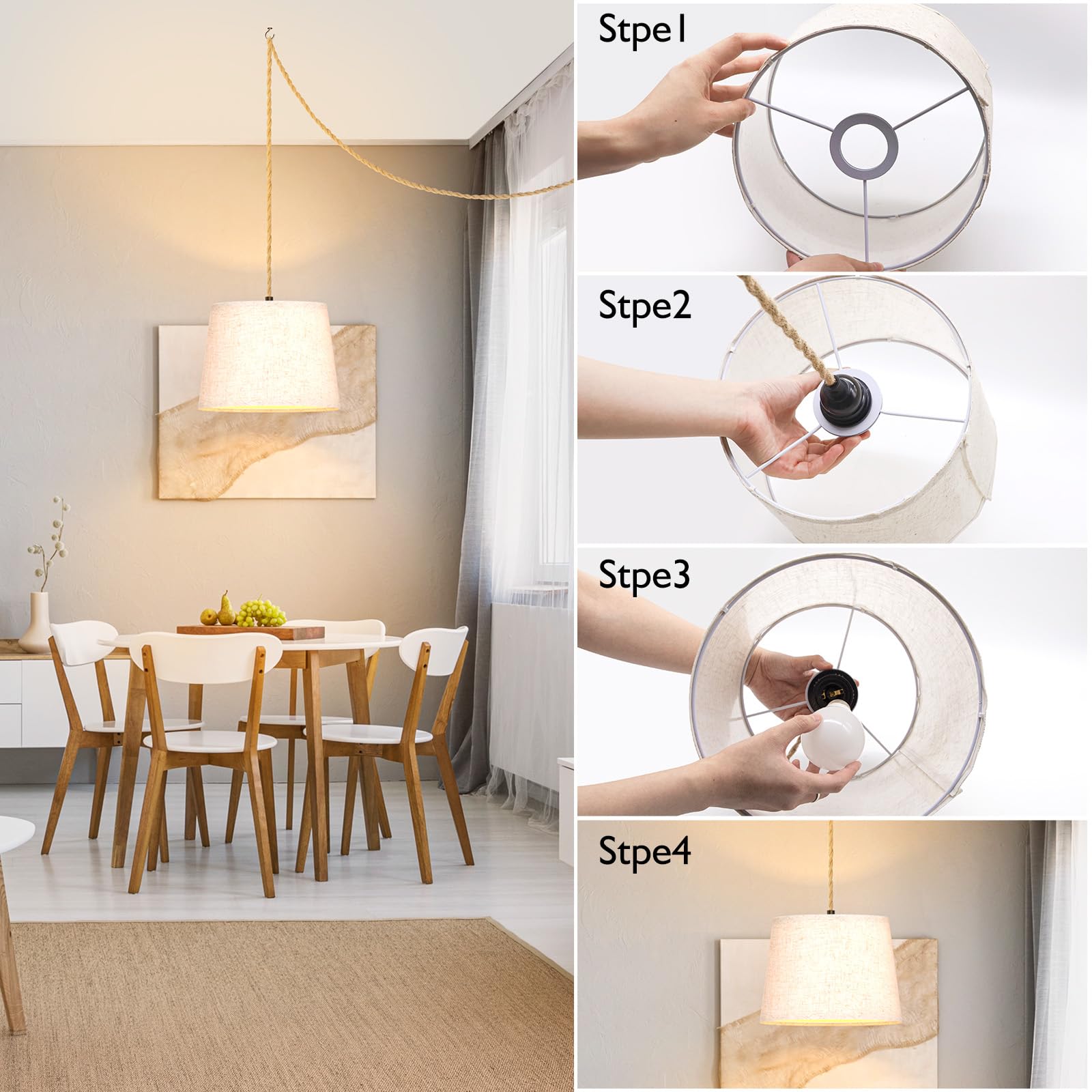 Hanging Lights with Plug in Cord, 15Ft Pendant Lamp Lights Cord Linen Shade, Industrial DIY Twisted Hemp Rope Chandelier Light F