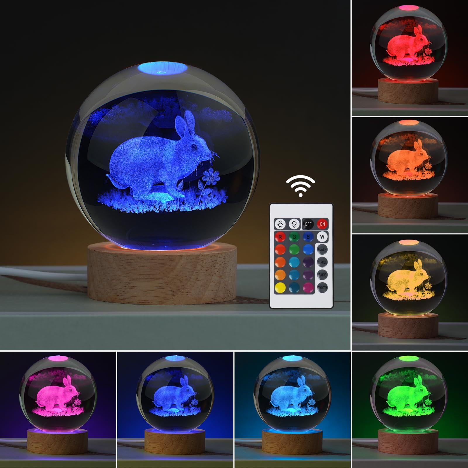 JANARARY 3D Bunny Night Light, Crystal Rabbit Lamp, 16 Color Changing, Remote Control, Bedroom Decor, Bunny with Flower