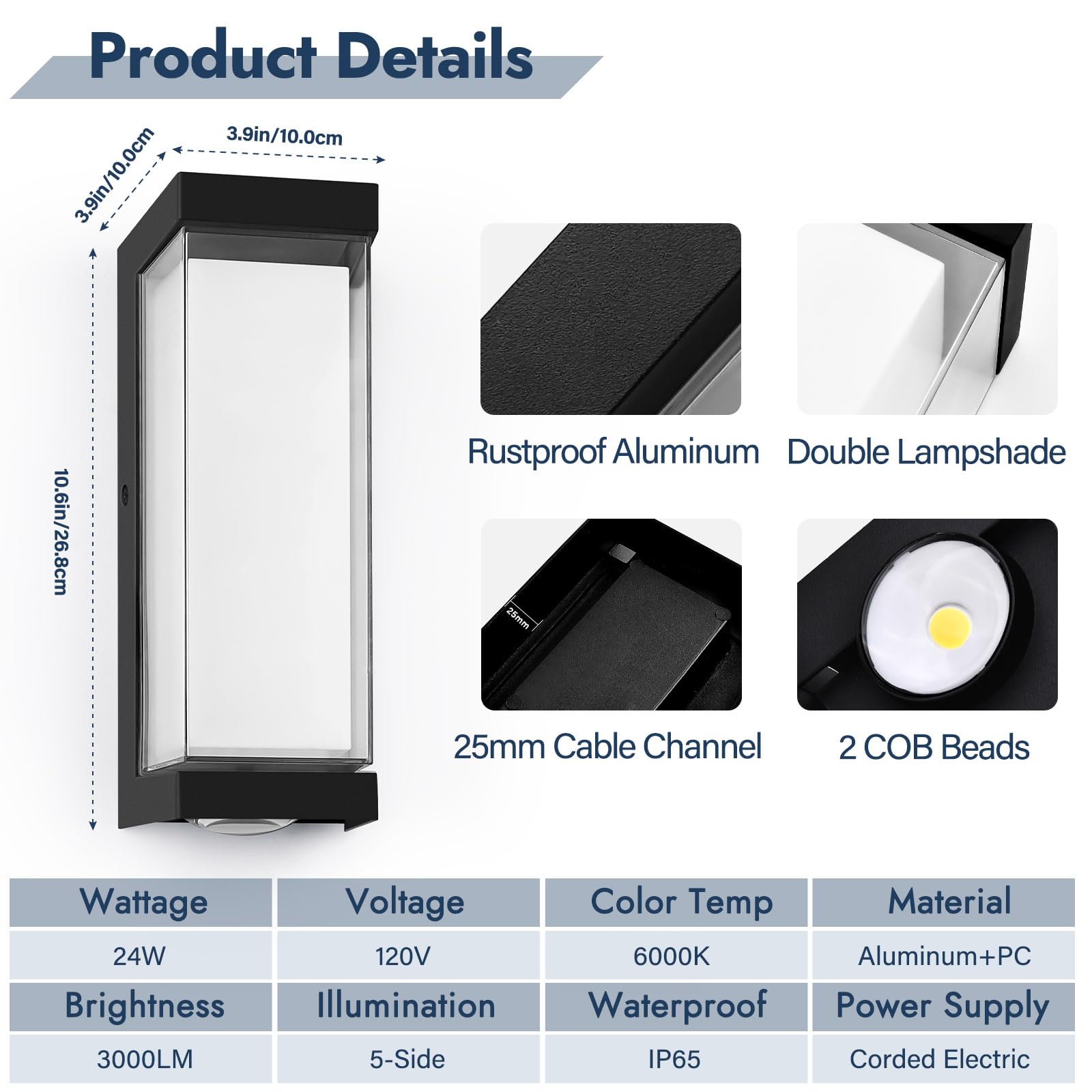 DUGWRY LED Outdoor Wall Sconce, 24W IP65 Waterproof, 3000LM 6000K Black Aluminum, Model 552, Modern Double Lampshade Lighting