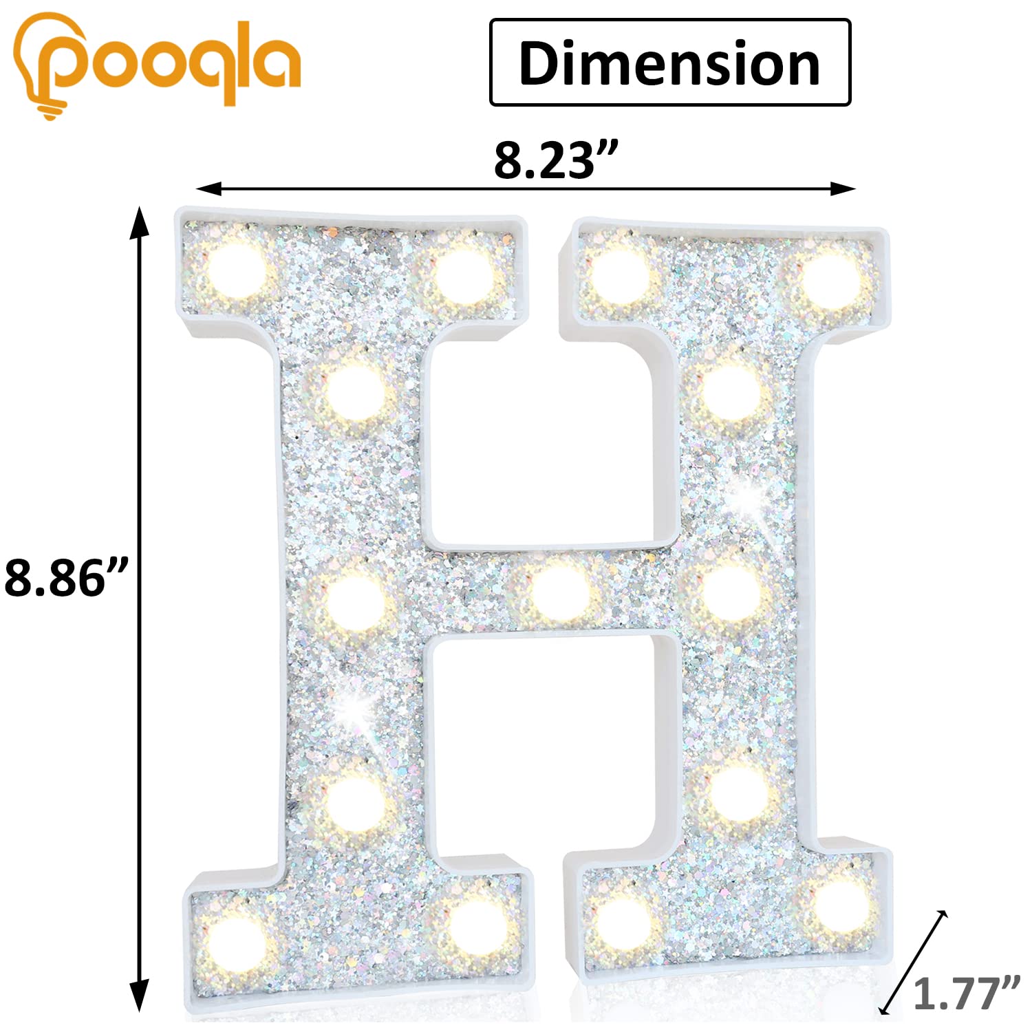 Pooqla LED Marquee Letter Lights, Silver Glitter Alphabet Sign, Battery Powered, for Party & Home Decoration, Letter H