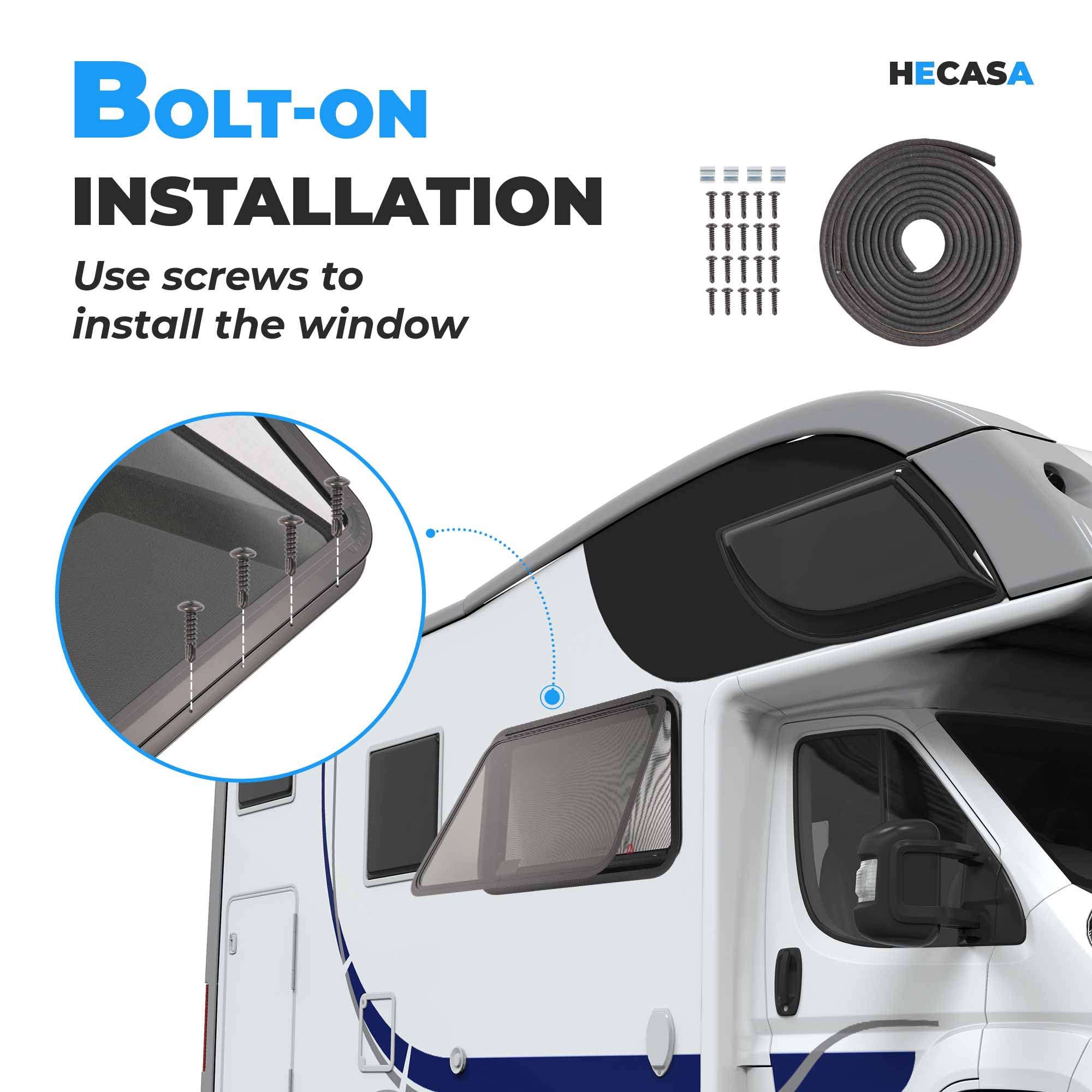 HECASA RV Emergency Exit Window 30" x 20" Tinted Glass w/Trim Ring & Screen - Model MO-5419, Aluminium & Rubber