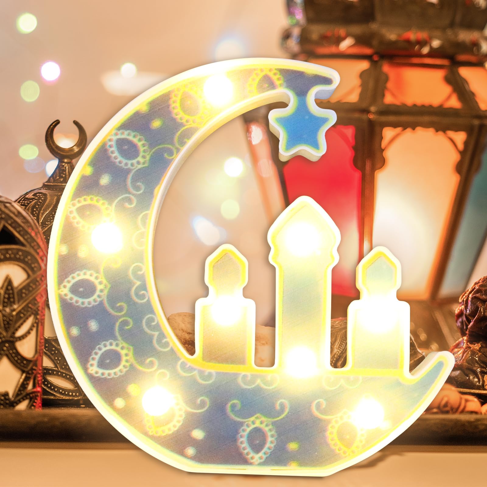 Yaozhou Ramadan Eid Decorations For Home Lights, Warm White Lamp, Moon, Castle Window Desk Led Lights, Mosque Eid Mubarak Battery Operated Hanging Lights, Decor For Eid Al- Fitr,Gift For Kids(C)