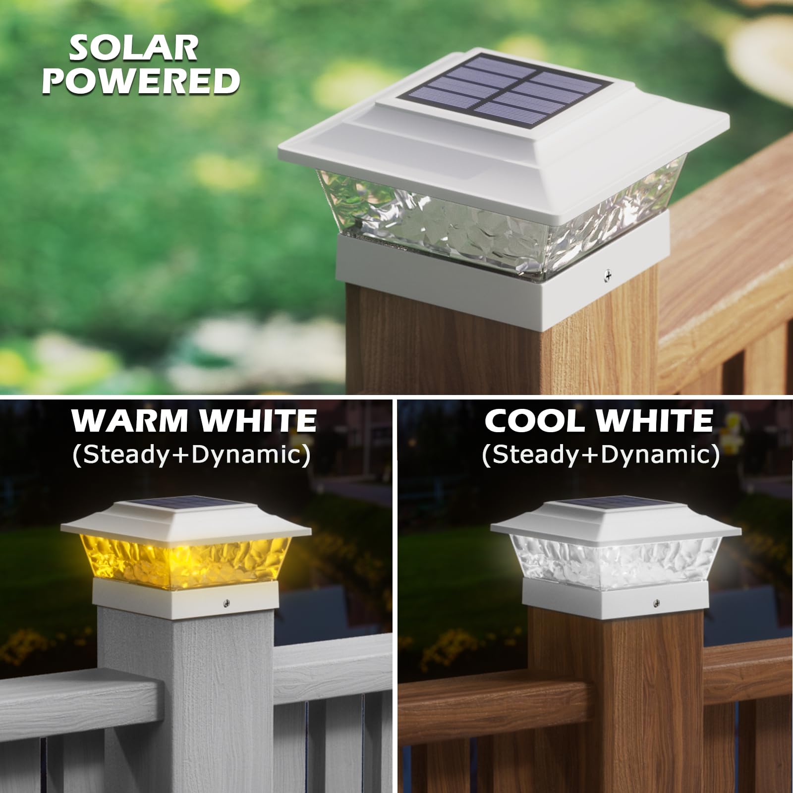 SIEDiNLAR Solar Post Lights - 12 LEDs, 4 Modes, 2 Pack, White, for 4x4-6x6 Posts, Warm/Cool White Dynamic Lighting