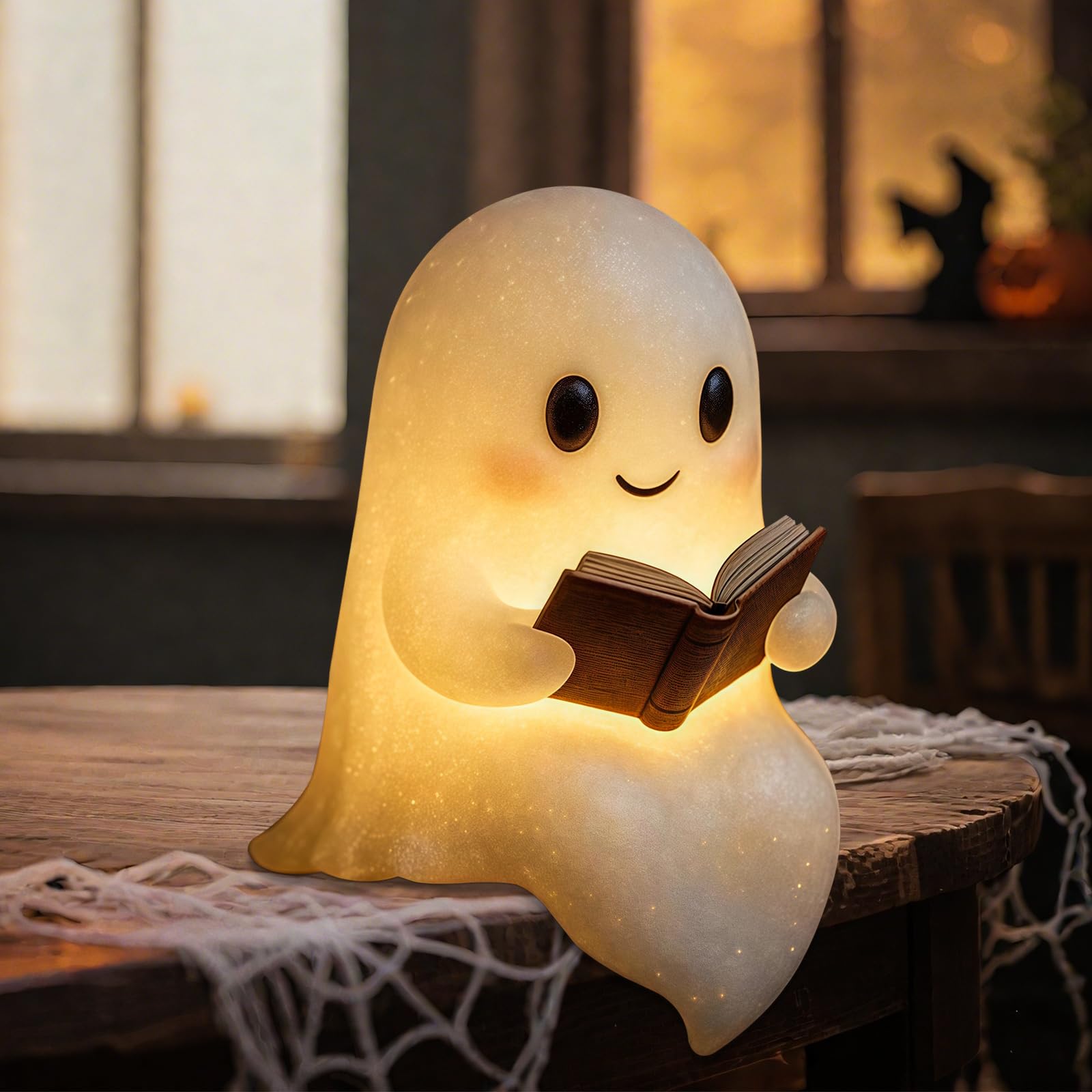 Qetrabone Halloween Ghost Reading Book Lamp  Funny Ghost Figurine Statue  Halloween Decoration For Gift Props Tabletop Bookshelf Home Decor