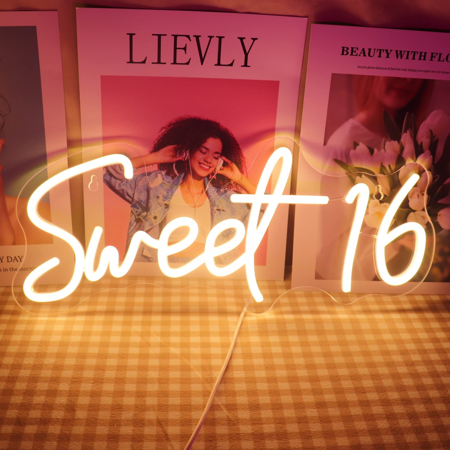 QiaoFei LED Neon Sign for Sweet 16 Birthday, USB Powered with Dimmer, Warm White, Model QFLGT230317013, Room Decor for Girls
