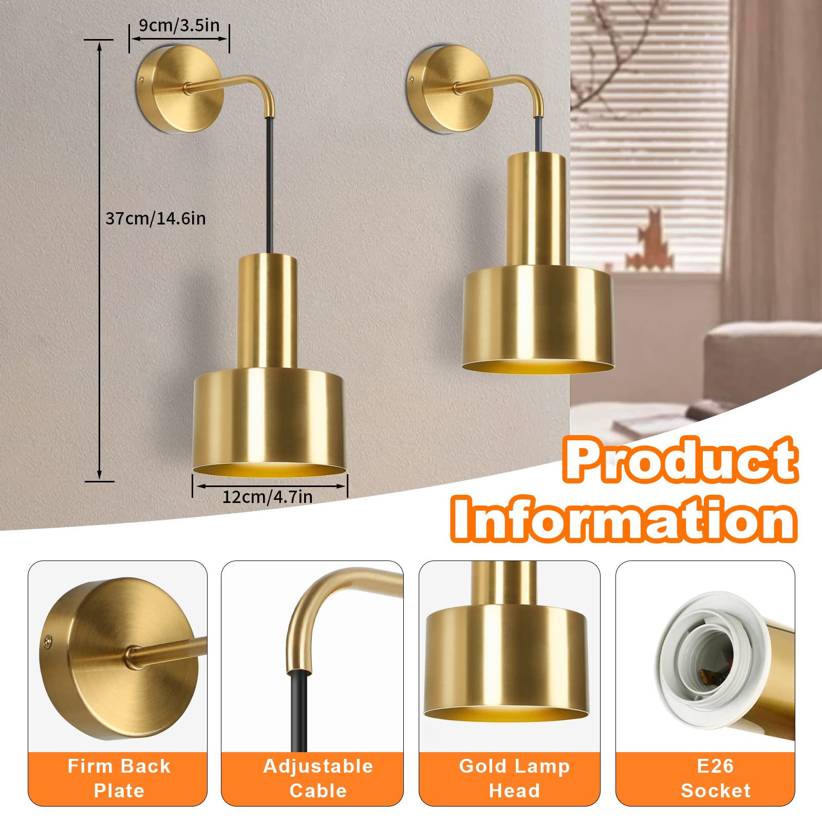 VerRon Gold Wall Sconce Set of 2, Dimmable LED Lights with Remote Control, 3000K-6000K Adjustable, Model L2005-1BS