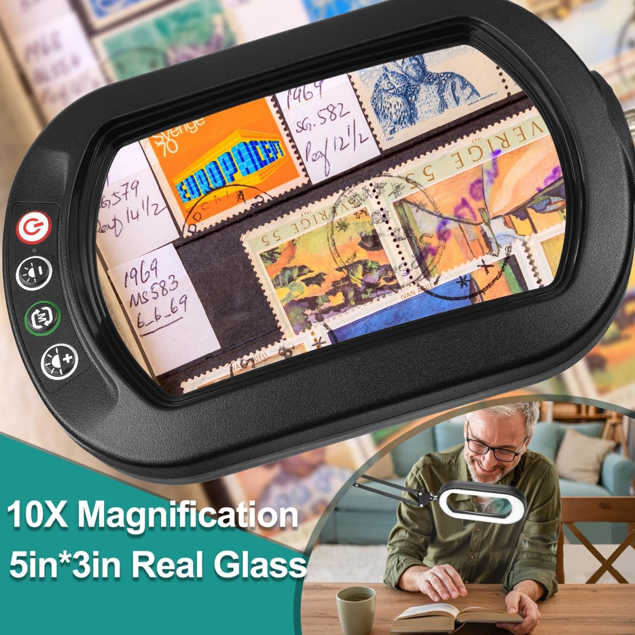 Ivmaie 10X Rectangle Magnifying Glass With Light, 5 Color Modes Stepless Dimmable Magnifier With Stand, Led Lighted Clamp Desk L