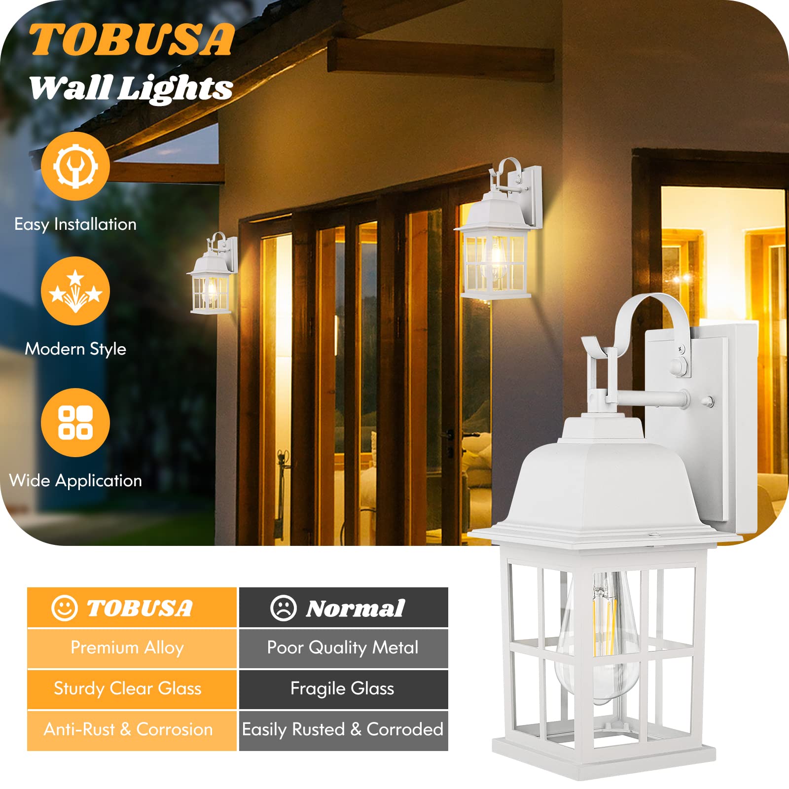 Tobusa 2-Pack Outdoor Wall Lanterns, 100% Aluminium White Outside Light Fixtures, Waterproof &Anti-Rust Exterior Wall Lanterns F