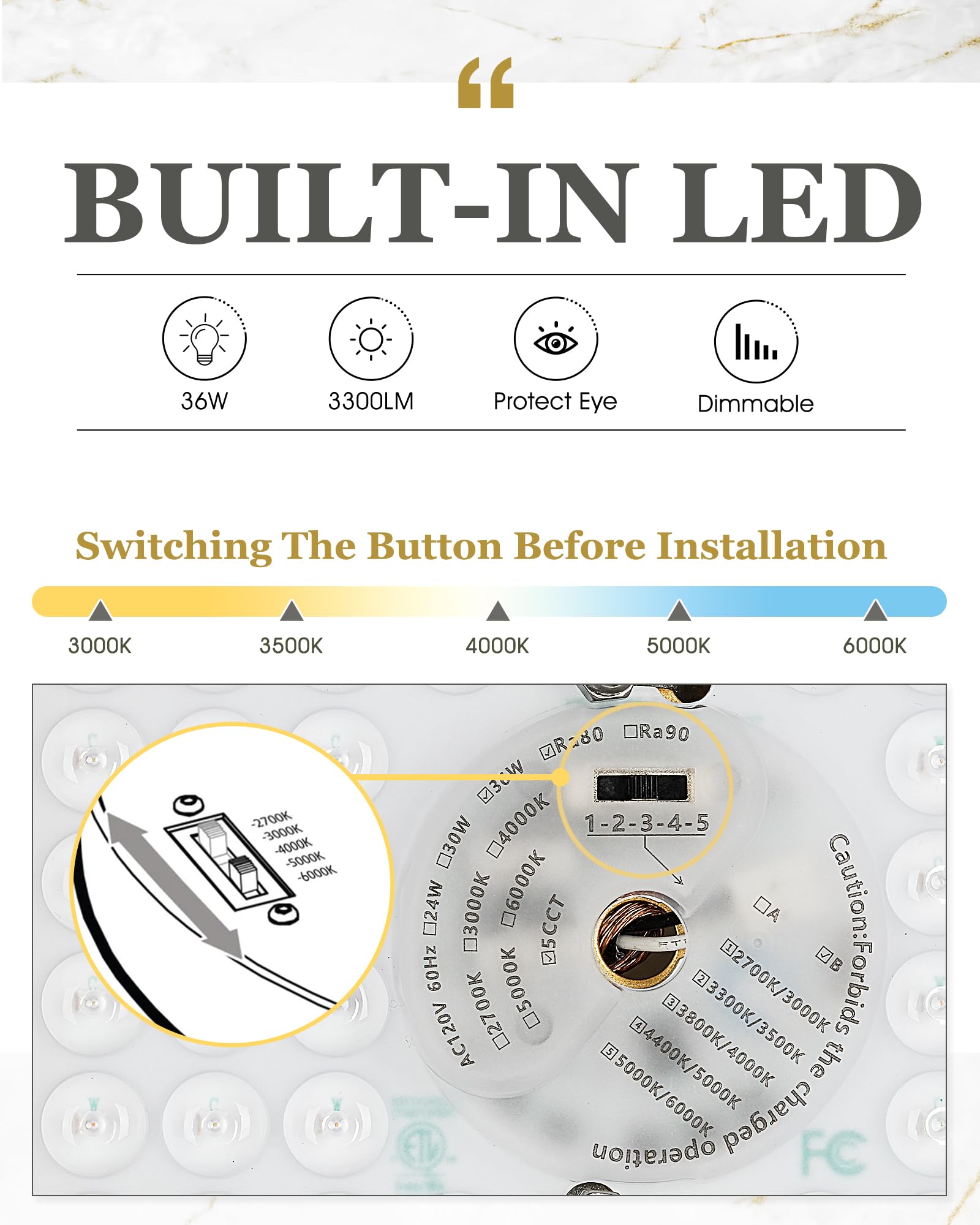 Audickic Gold Flush Mount Ceiling Light 16inch 36W Dimmable 3000K-6000K Metal Model AD-22008-L16-GD