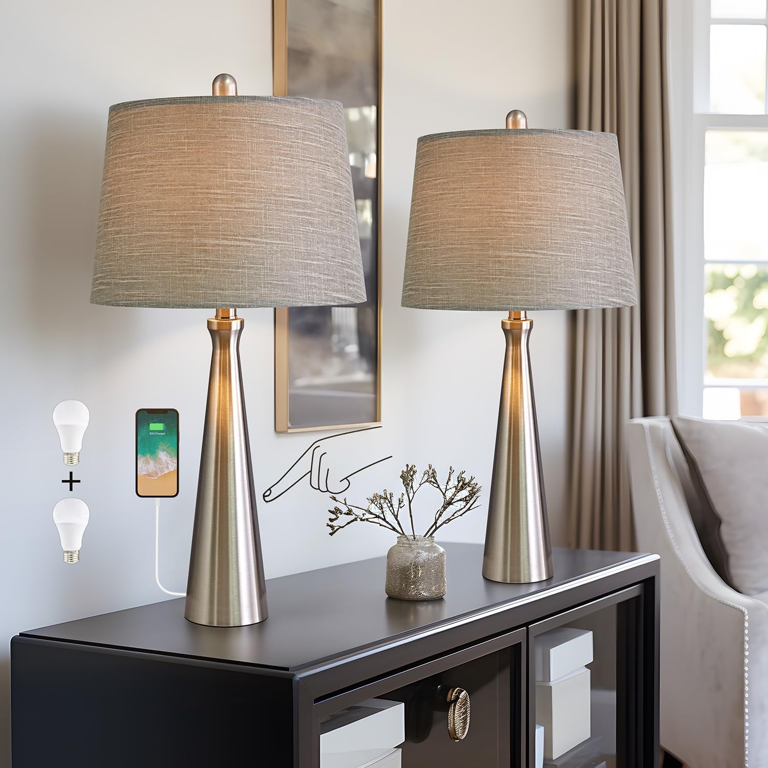 Oneach Table Lamps Set of 2, 3-Way Dimmable Touch Control, Metal, Silver Finish, Modern Vintage Style