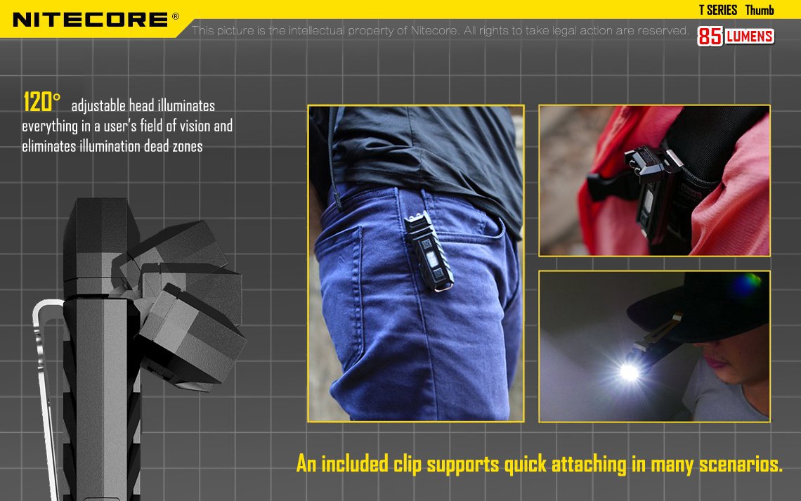 Nitecore Thumb LED Keychain Light - 85 Lumens USB Rechargeable, Tiltable Work Light, Black, Model THUMB