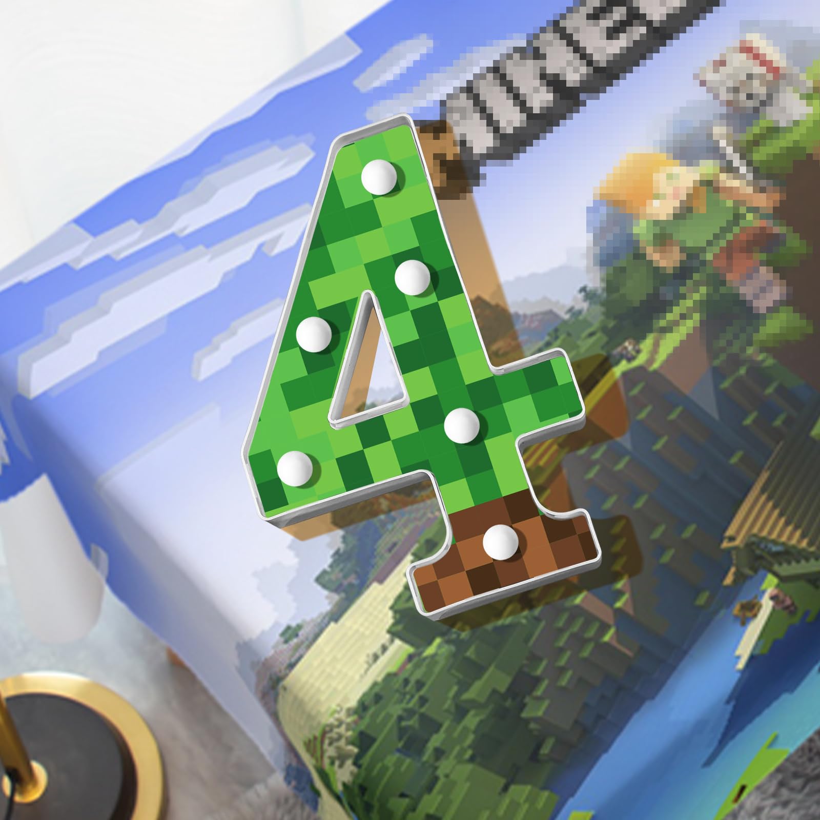 AXBMM Pixel Game Light Up Sign, Number 4, LED, 8.5", Green/Brown, Birthday Decorations, Table Centerpiece, Model XY-371