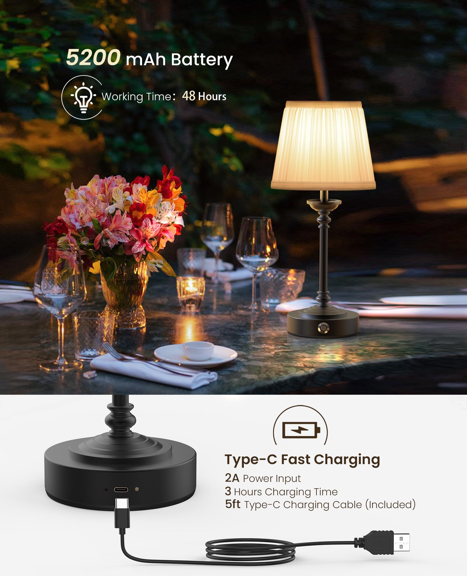 Aiscool Cordless LED Table Lamp with Dimmer, Built-in 5200mAh Rechargeable Battery, 3-Level Brightness, Touch Bedside Table Lamp