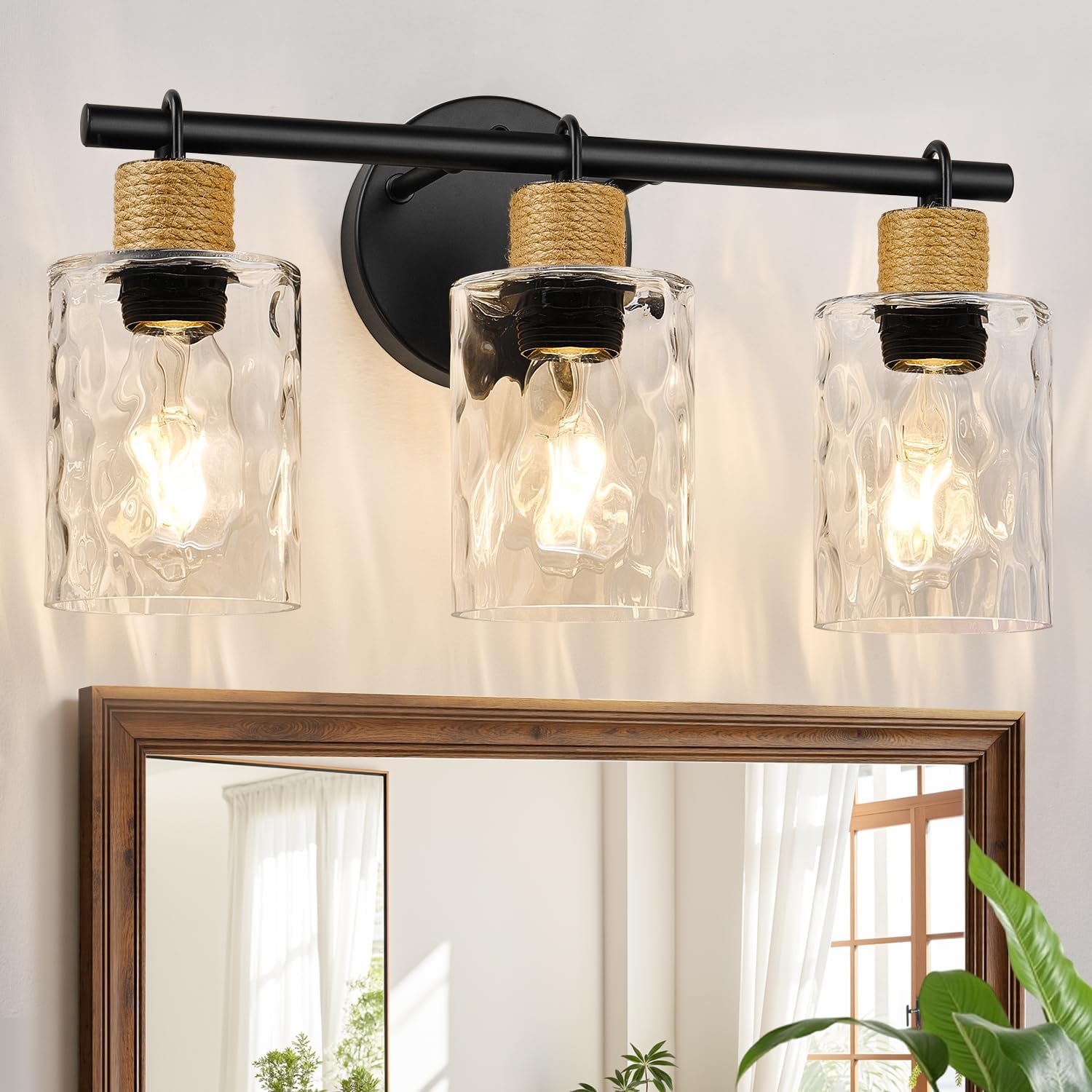 MOKATNG Bathroom Light Fixtures  3-Light Coastal Vanity Lights with Crystal Glass Shade  Black Bathroom Wall Lamp for Mirror Kitchen Hallway Cabinet