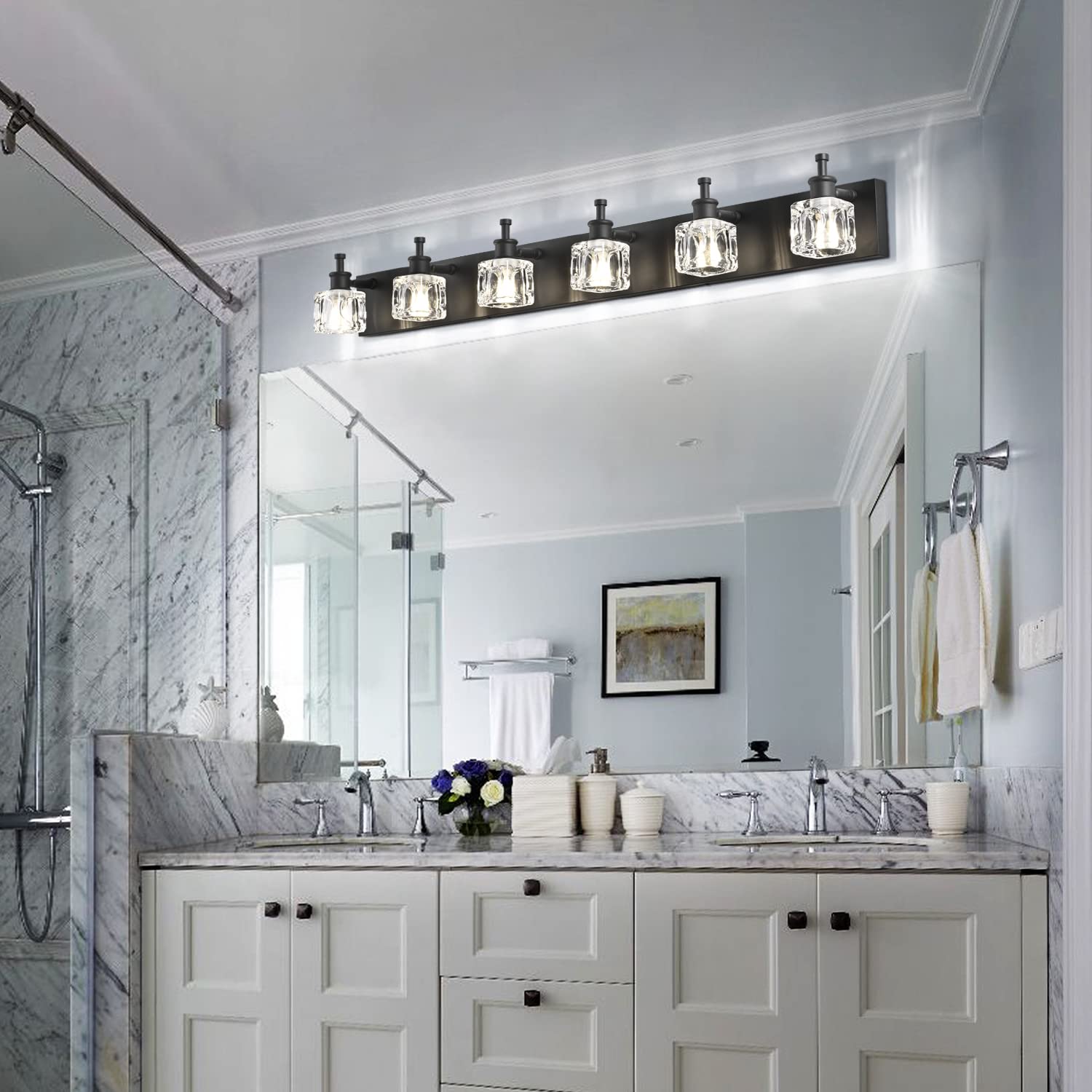 PRESDE Modern Crystal Black Vanity Light Fixture - 6 Lights, Metal Matt Black, Model ae9187d0-ba87-470b-b7ca-ba41ca19c82b