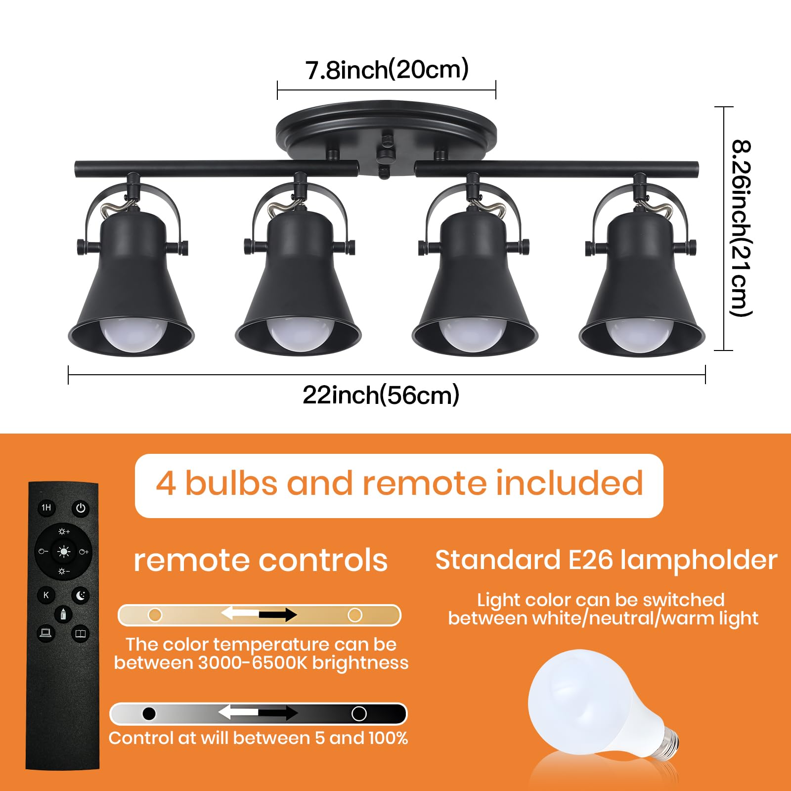 KEESFU 4-Light Dimmable LED Track Lighting Kit, Black Metal Semi Flush Mount, Includes Bulbs, Modern Accent for Dining Room, Bedroom, Kitchen