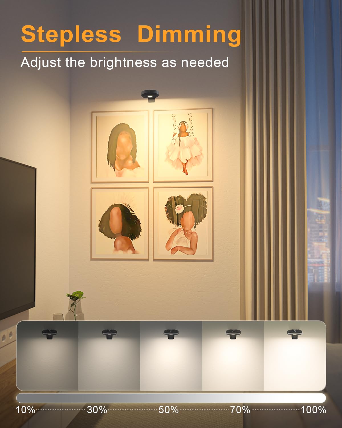 WILLED Picture Lights - Wireless Battery Operated Art Lighting, Dimmable, Remote Control, Black, Model WUS-046, Wide Beam, 3000K-6000K