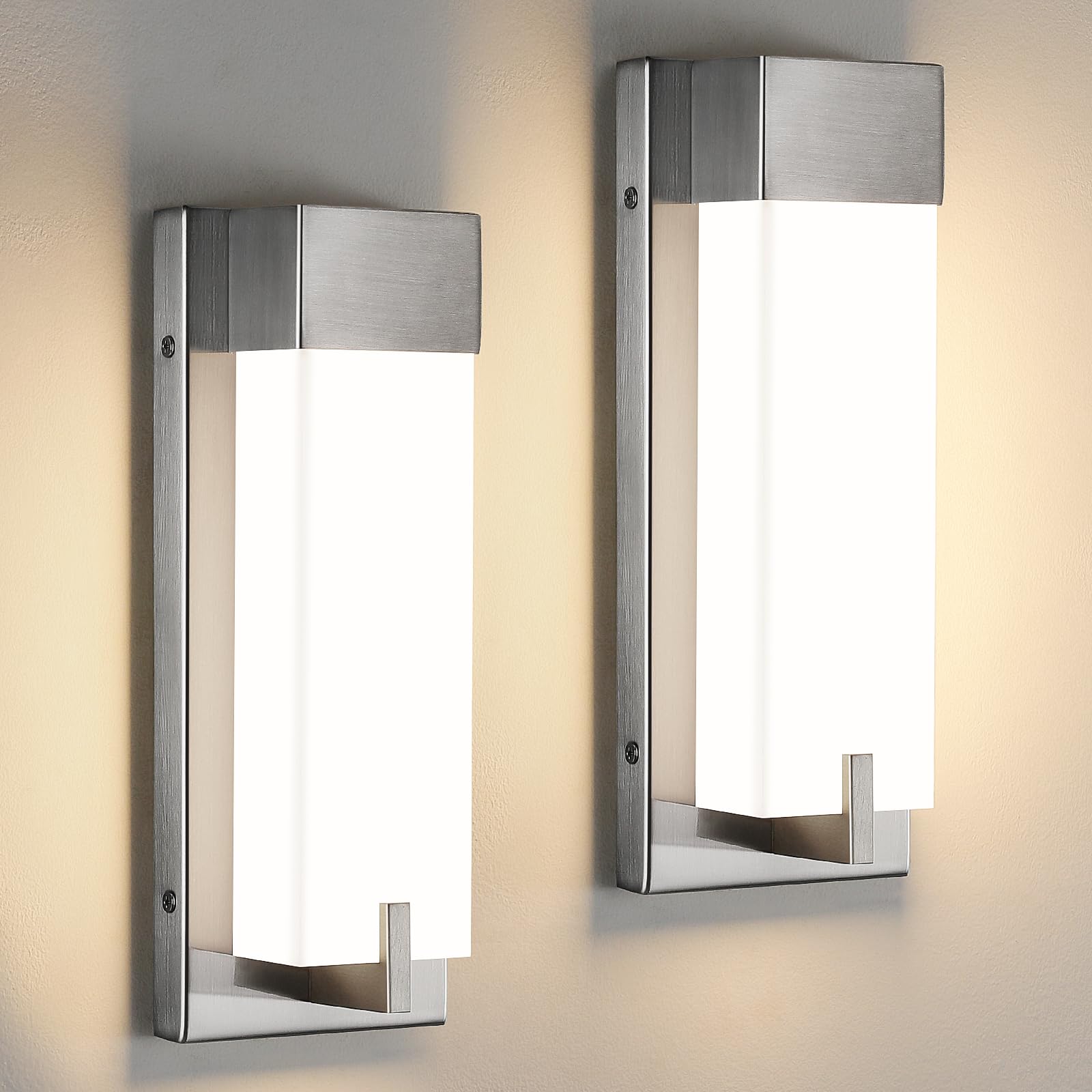 Woshitu Nickel Wall Sconce Light - Modern Dimmable Wall Sconces Set Of Two Led 3000K 15W Bathroom Vanity Light With Acrylic Shade Indoor Hardwired Sconce Lighting For Bedroom/Living Room/Hallway