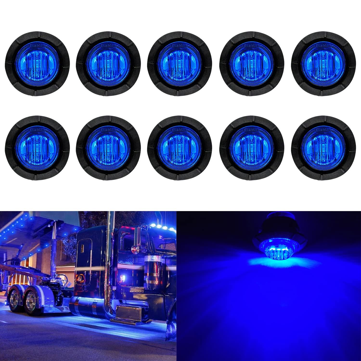 Keing 10 Pack Sealed Waterproof Mini Round 3/4 Inch Blue Led Marker Lights Signal Light 12V For Trailer Truck Bus Pickup Van Atv Rv Lorry Caravan, 5 Years Warranty