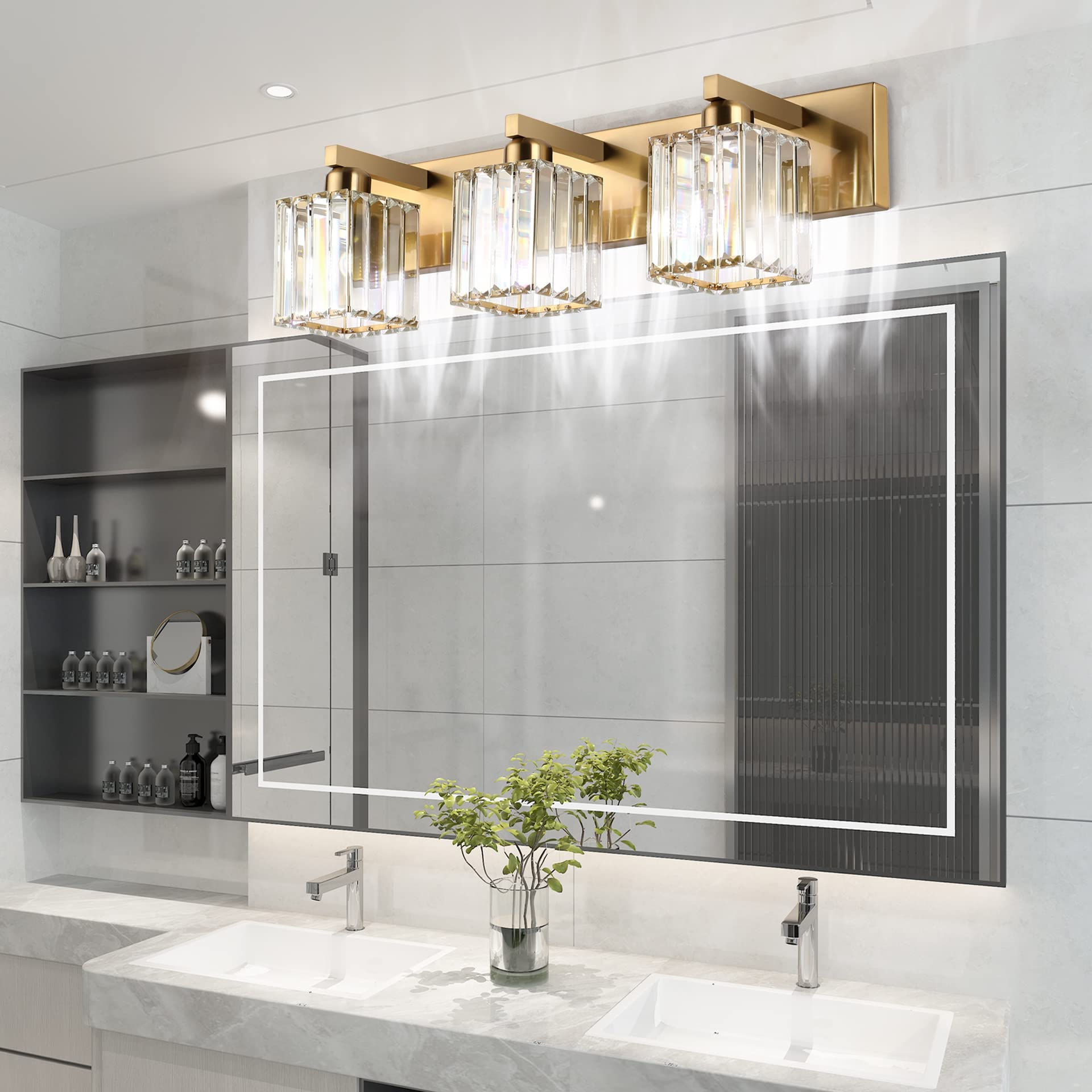 Aipsun Brass Bathroom Vanity Light Fixtures, 3-Light, Aluminum, Model 8461, Crystal Shade