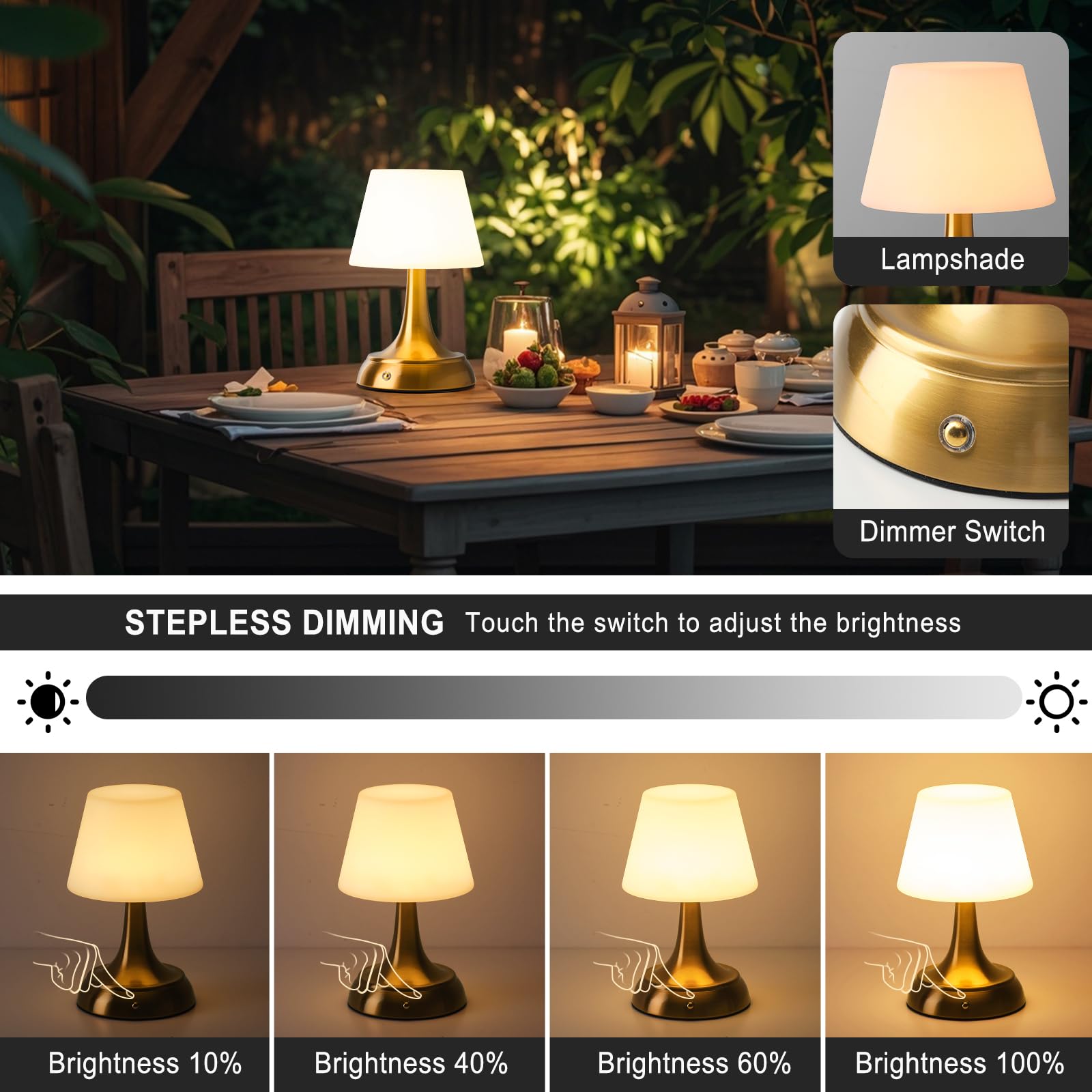 YEEZEMA Cordless Table Lamp, Rechargeable, Waterproof, Touch Dimmable, 9.5IN, Antique Brass, Model Y-TL2404-AB