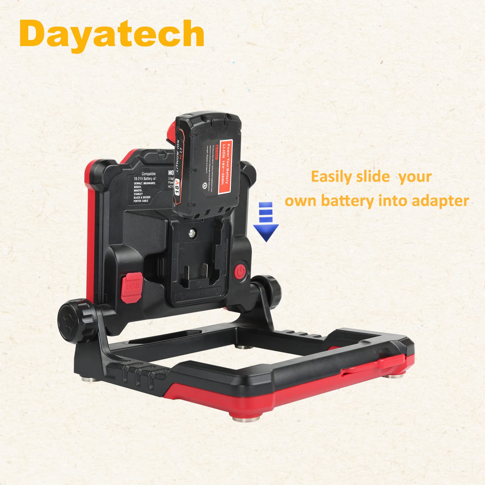 Dayatech Cordless Led Work Light Compatible With Dewalt And Milwaukee 18-20V Battery, 4000 Lm 25 W, Flickerless, Brightness Adjustable, Foldable Base With Magnets, (Battery/Charger Not Included)