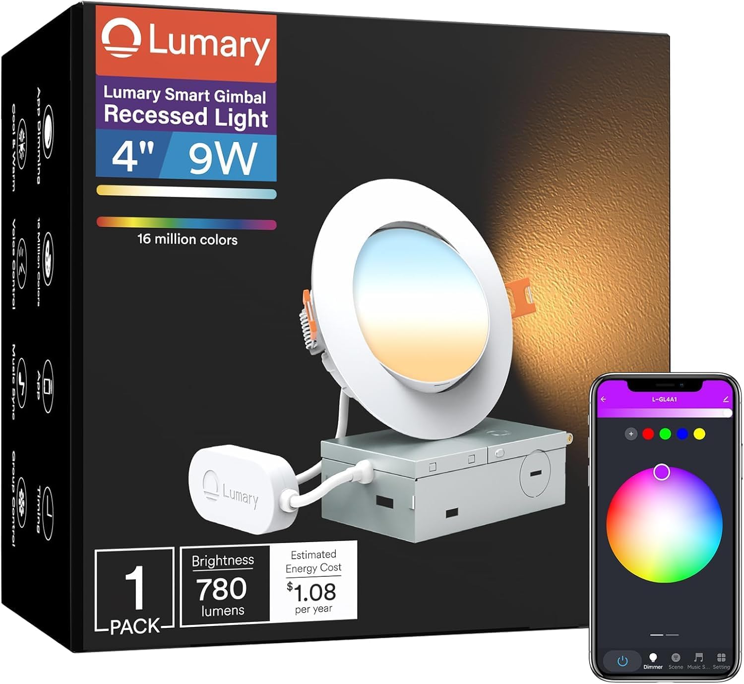 Lumary Smart Gimbal Recessed Lighting 4 Inch  355+20 Adjustable Rgbww Wifi Ceiling Light  Compatible With Alexa Google  Canless Led Downlight With J-Box  9W 780Lm Cri90  1Pc