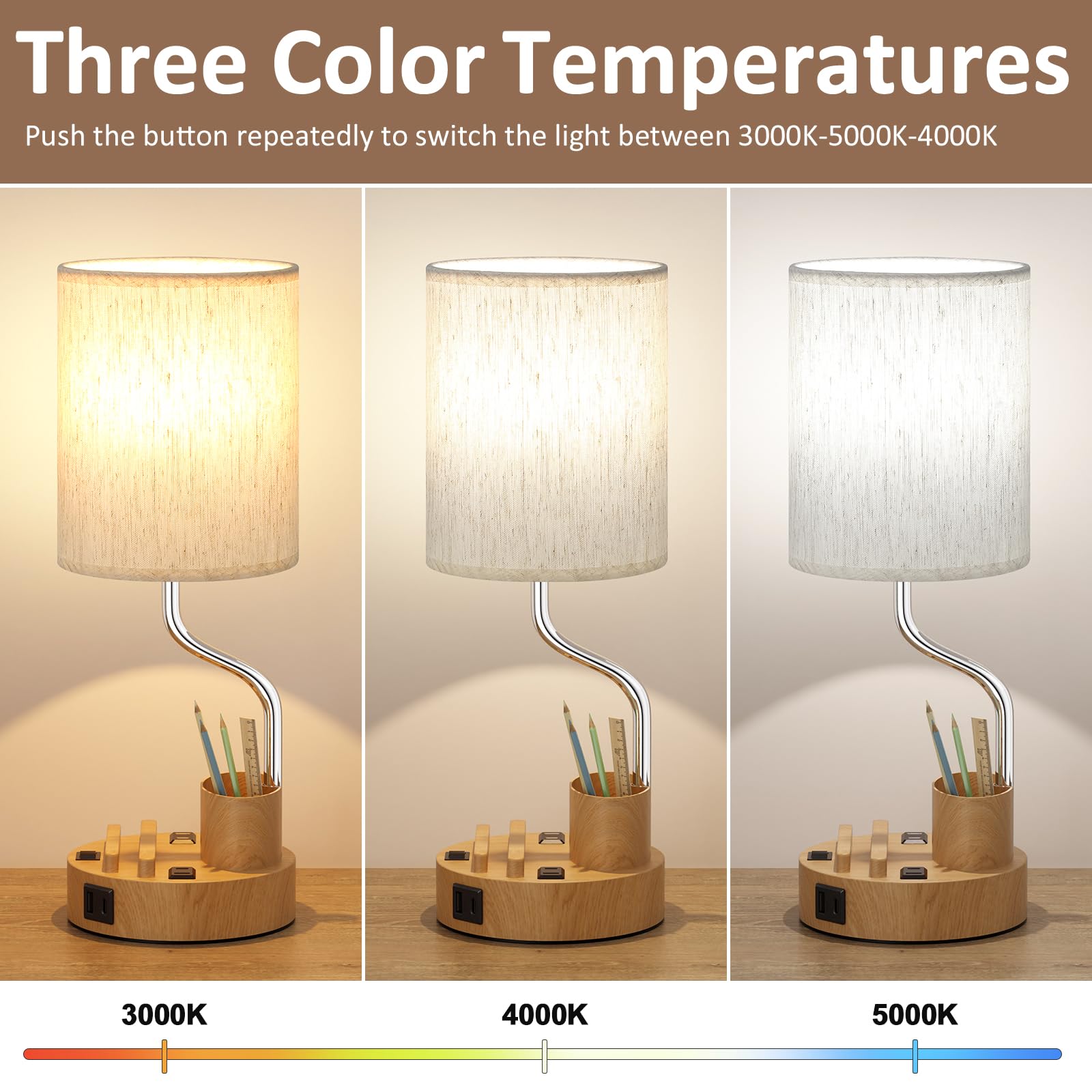 Bedside Table Lamps For Bedroom Set Of 2 - Nightstand Light With Ac Outlet And Usb A & C For Charging, 3 Color Temperatures Wood