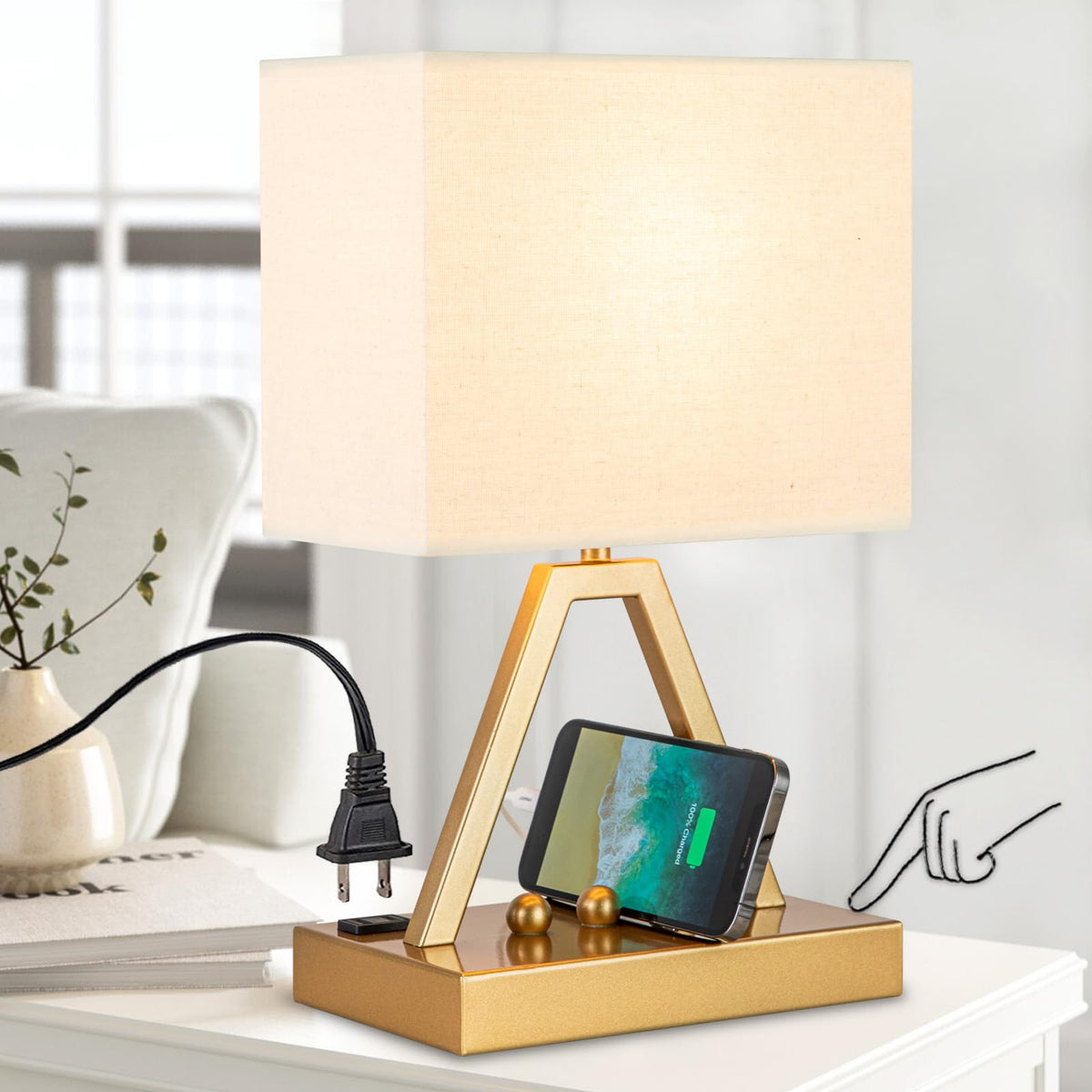 Briever Usb Touch Control Table Lamp, 3-Way Dimmable Desk Lamp With Usb C & Usb A And Ac Outlet, Bedside Lamp With Phone Stand And Fabric Shade For Bedroom, Living Room,Bulb Included, Gold