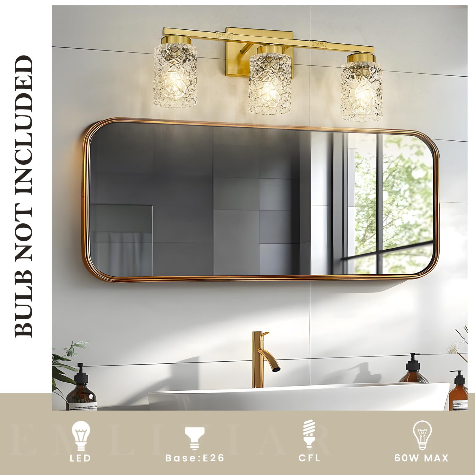 Emliviar 3-Light Bathroom Vanity Light Fixture, Brushed Gold, Clear Geometric Glass, 22 Inch, Model HE294B-3W BG
