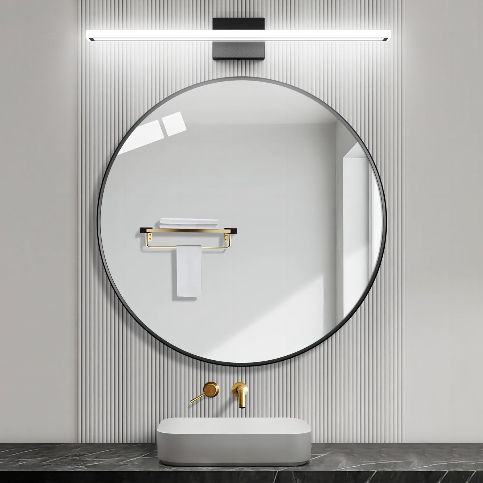 lundwa 31.5in Black LED Bathroom Vanity Light Bar, 24W Modern Fixture, Cool White 6000K, Model JS6181, Stainless Steel