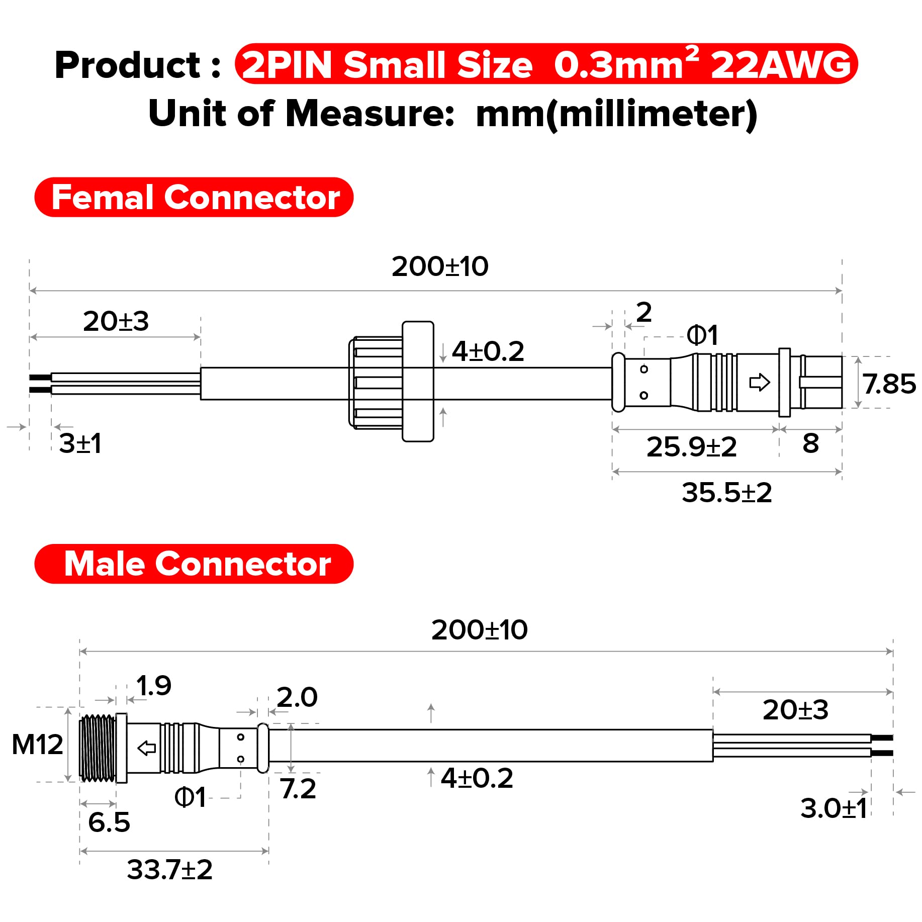 BTF-LIGHTING 2 Pin Electrical Connector, 22AWG IP65, 20cm Extension Cable for Car/Truck/Boat, Small Size, Model WP2PINBS