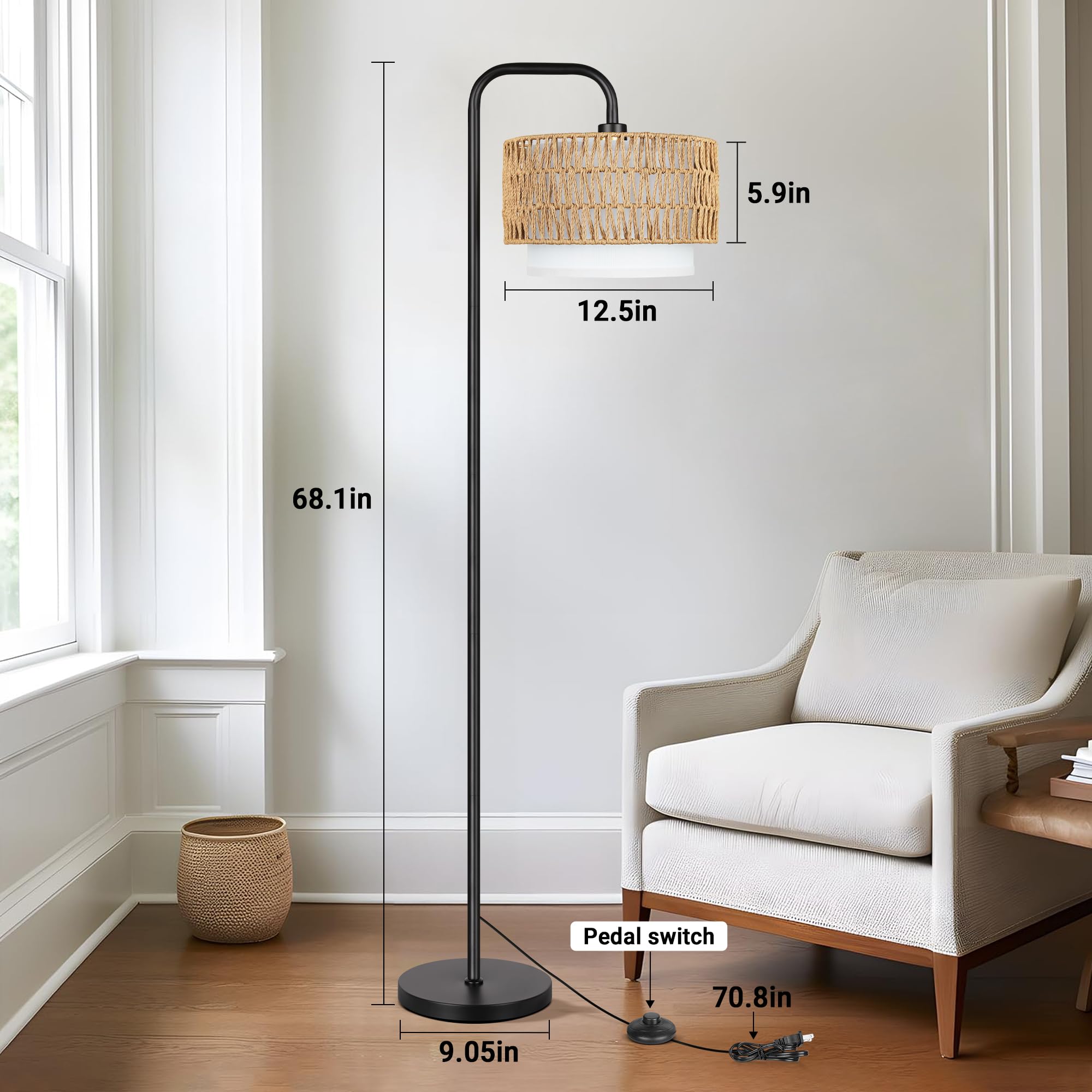 PARTPHONER Floor Lamp with Remote, Dimmable Bulb, 3 Color Temperatures, Black, Dual-layer Shade, Model STR-FL-0177