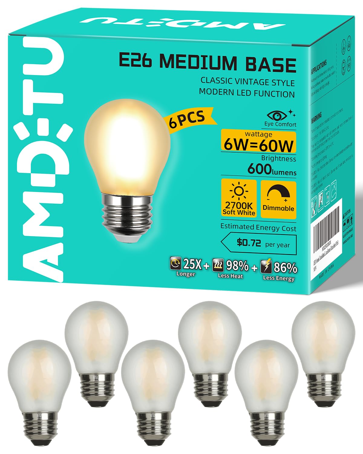 Vintage Edison Led Short Bulb 60W E26 Standard Base Dimmable G45 Small Globe 2700K Soft White 60Watt Round Light Bulb Ideal For 