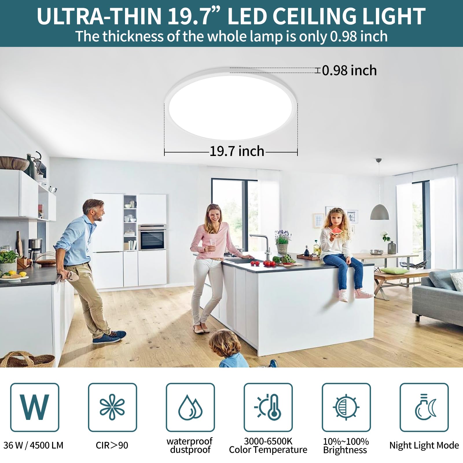 Glowall Dimmable LED Ceiling Light Fixture with Remote Control, 15.4 Inch, Ultra Thin, 36W, 4500 LM, White, for Bedroom and Kitchen
