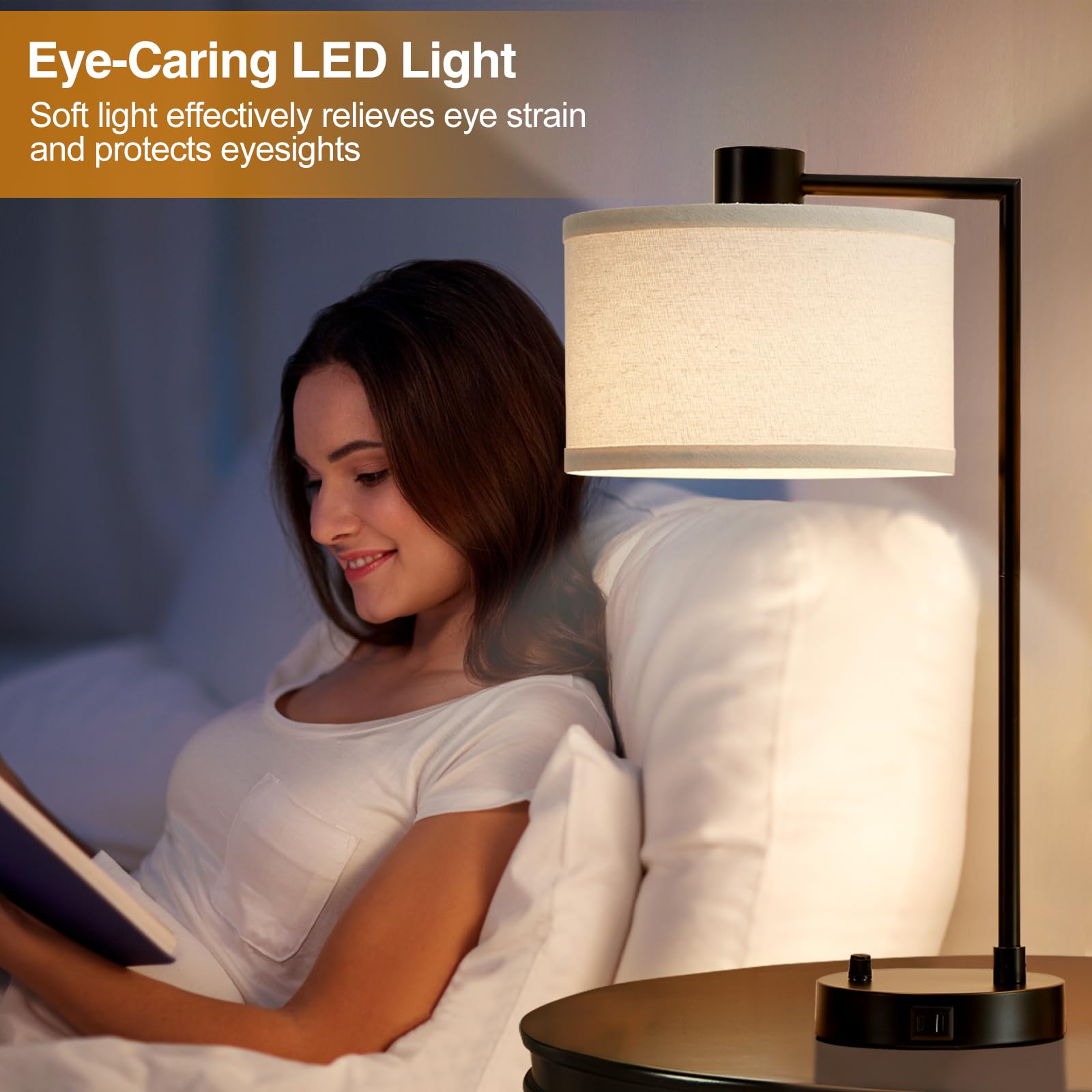 Luvkczc Table Lamp Set of 2 - Fully Dimmable Bedside Lamps with USB Ports, Black, Model 106A, Includes 2 LED Bulbs