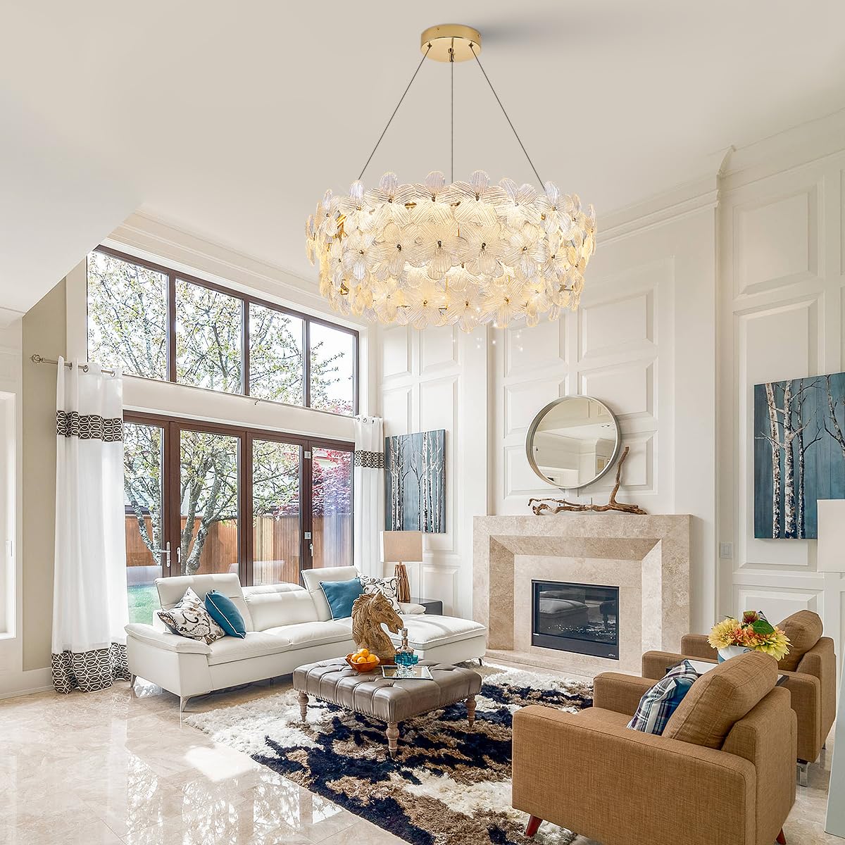 Poemoon D32" Gold LED Chandelier with Remote Control, Dimmable 3000-6500K, Modern Design for High Ceilings, Model P50-800G1
