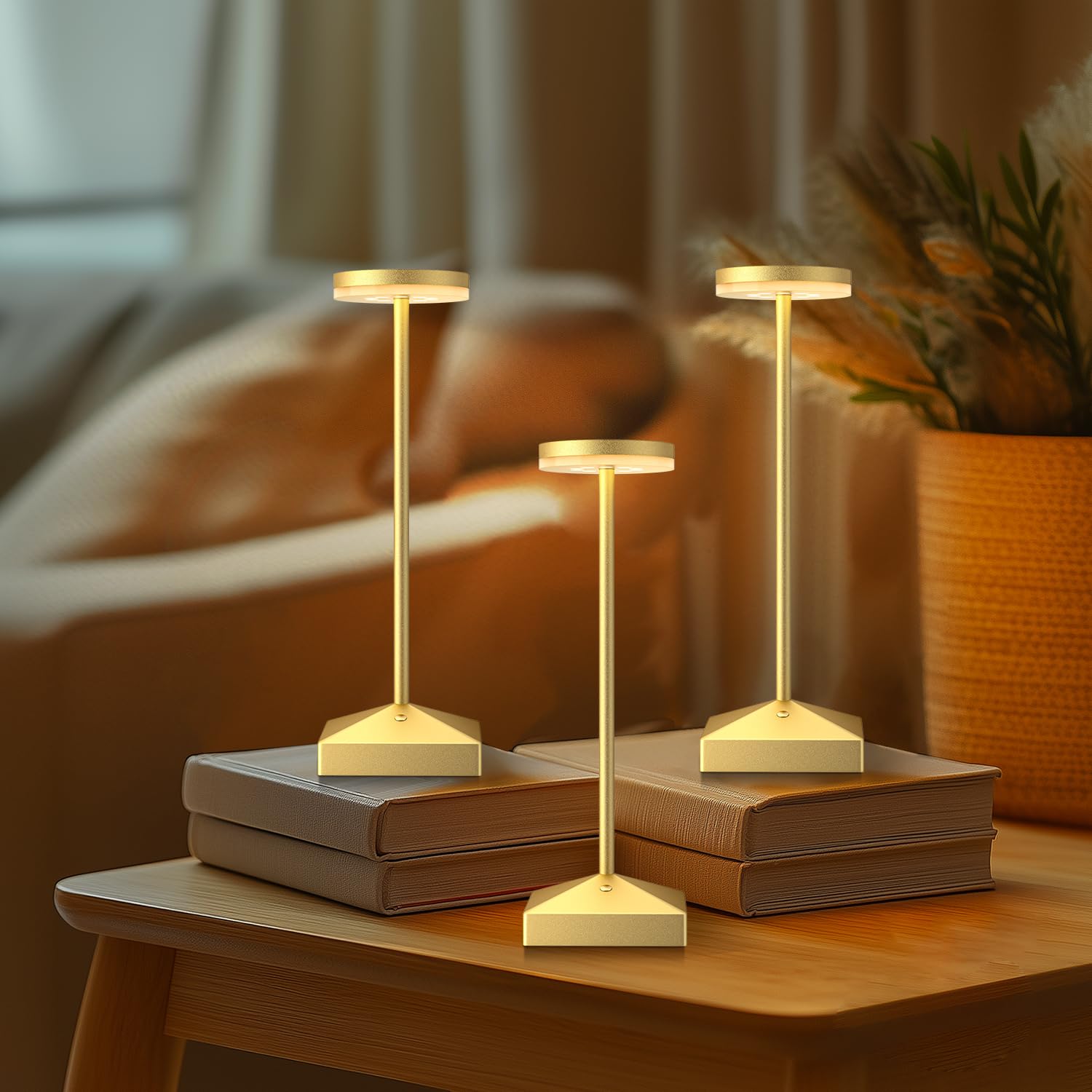 FUNTAPHANTA 3 Pack 7.67in Gold Small Cordless Table Lamps Rechargeable  Battery Operated Mini Lamp  Small Lamp Touch Portable Table Lights  LED Night Light for Bedside/Dining/Bar/Outdoor (Gold-C)