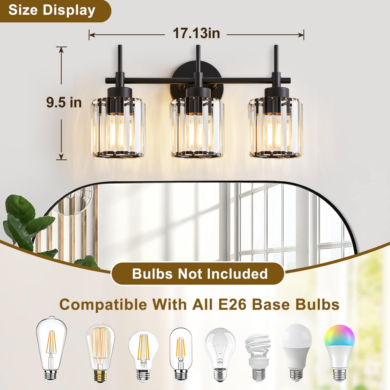 EJIAXIN 3 Light Black Crystal Vanity Light Fixture, Modern Wall Sconce for Bathroom and Bedroom, Metal, Model 7003