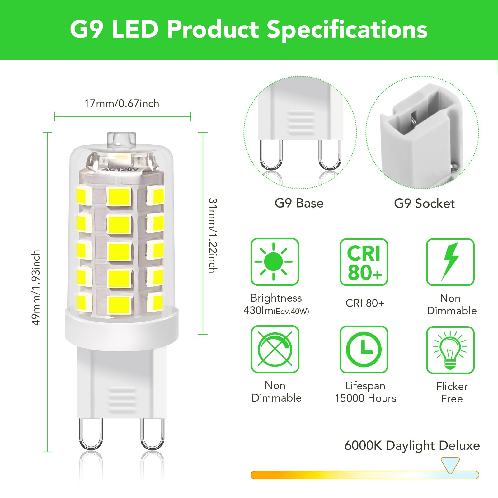 Bubo G9 Led Bulb 6000K Daylight 430 Lumens, 3W Equivalent 40W T4 G9 Halogen Replacement, 360Beam Angle 120V Non-Dimmable No-Flic