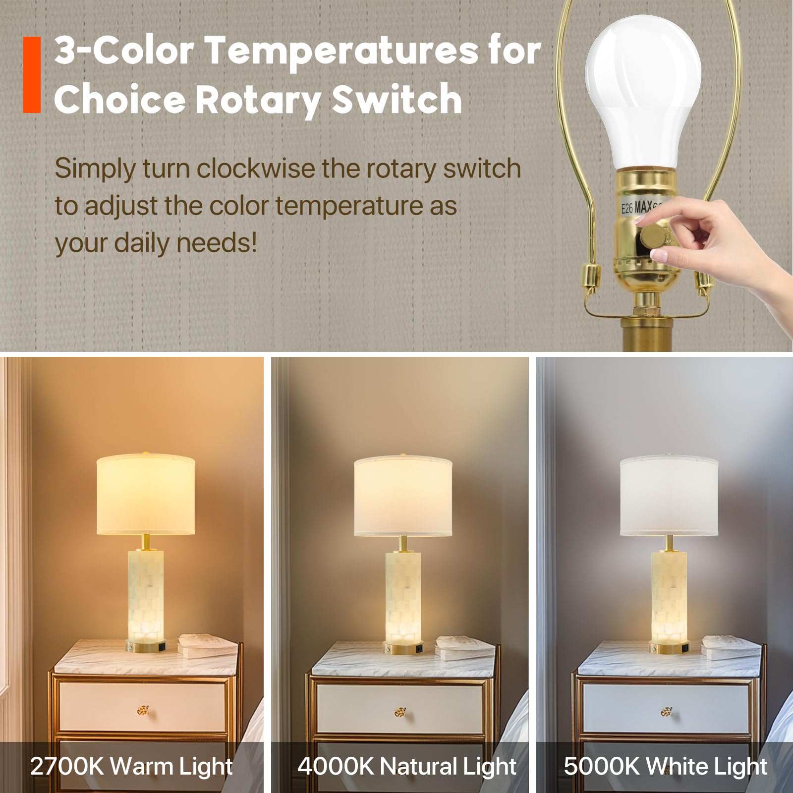 vallerico Alabaster Lamp Set of 2, 23.5" Table Lamps with USB Ports, 3-Color Temperatures, Gold Finish, Model VR-MTB-G2