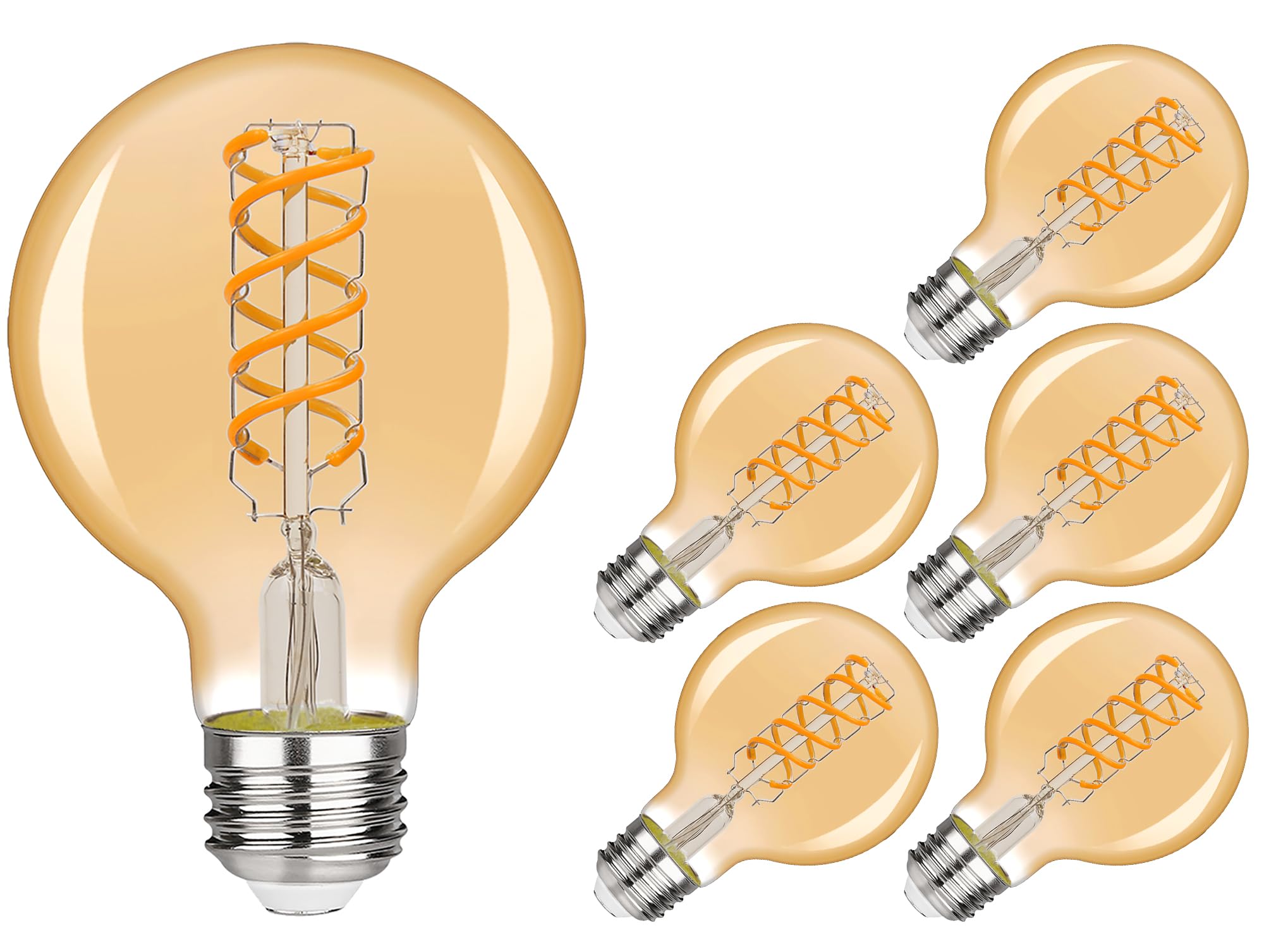 G25 Globe Light Bulbs, Antique Flexible Spiral Led Filament Light Bulb, Vintage Edison Bulb,6 Pack, Warm White 2500K,6W Equivale