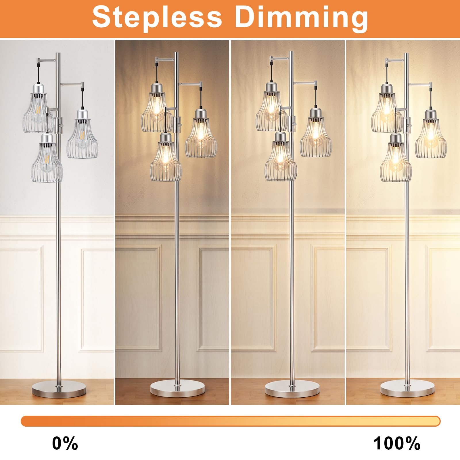 Ziisee Dimmable Floor Lamp with 3 x 800LM LED Bulbs, Metal, Silver, Model dtl1-3, Industrial Farmhouse Style for Living Room or Office