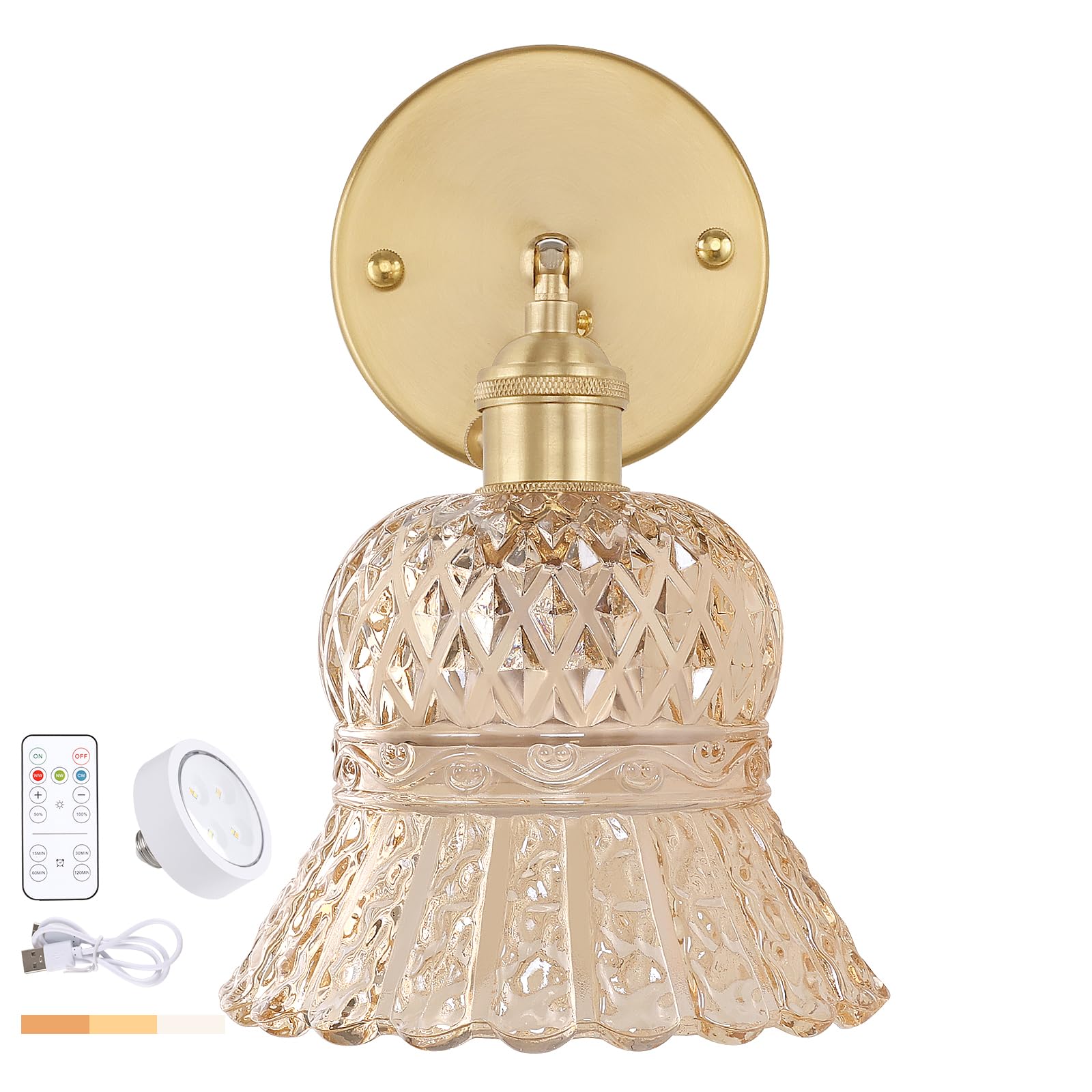 Shenmoyl Vintage Wall Sconce - Rechargeable LED Light, Wireless, Dimmable, Battery Operated, Amber Pineapple, Model 1-94914-sconc