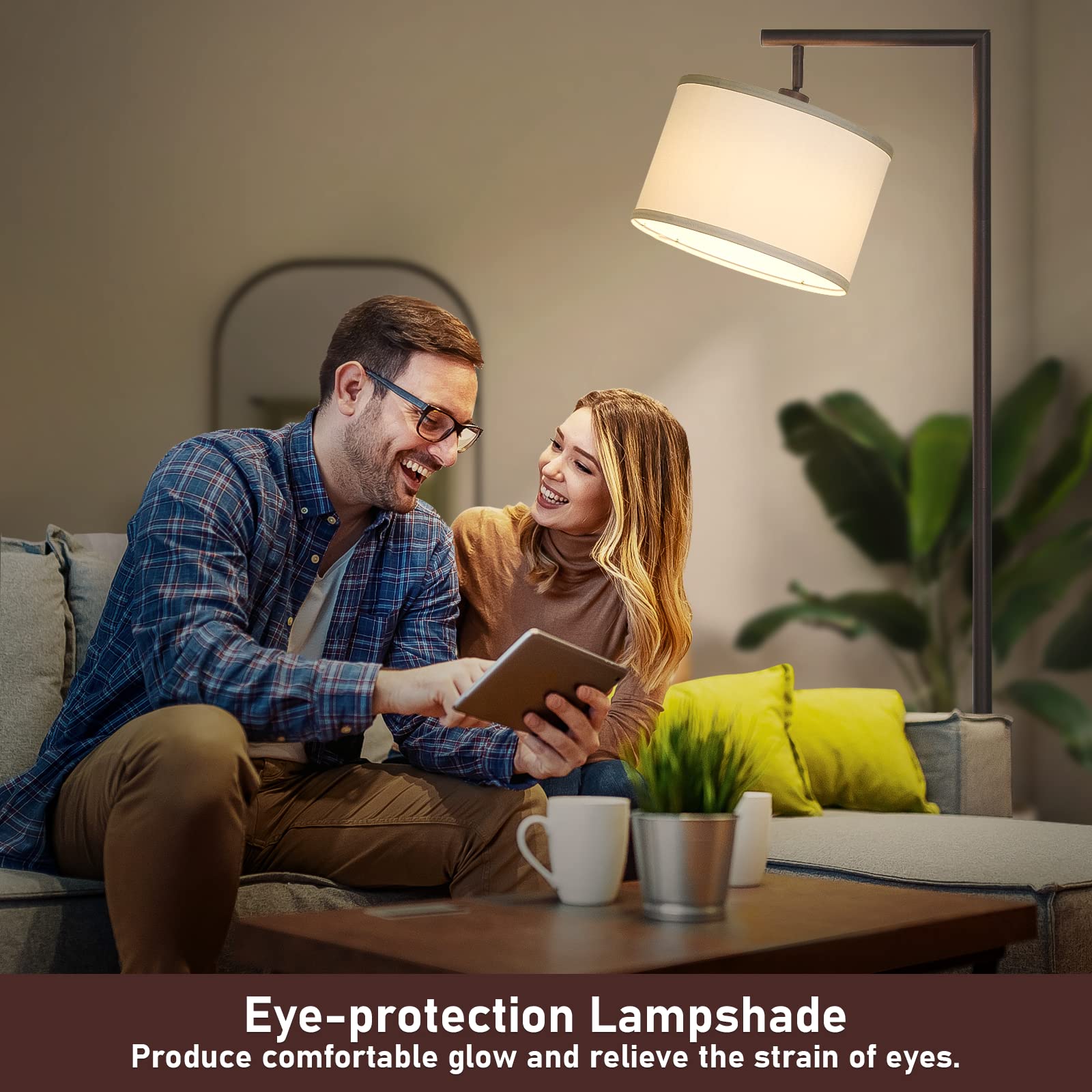 Fully Dimmable Floor Lamp Brown, Arc Floor Lamp For Bedroom With Adjustable Hanging Shade & Foot Switch, Modern Standing Lamp Co