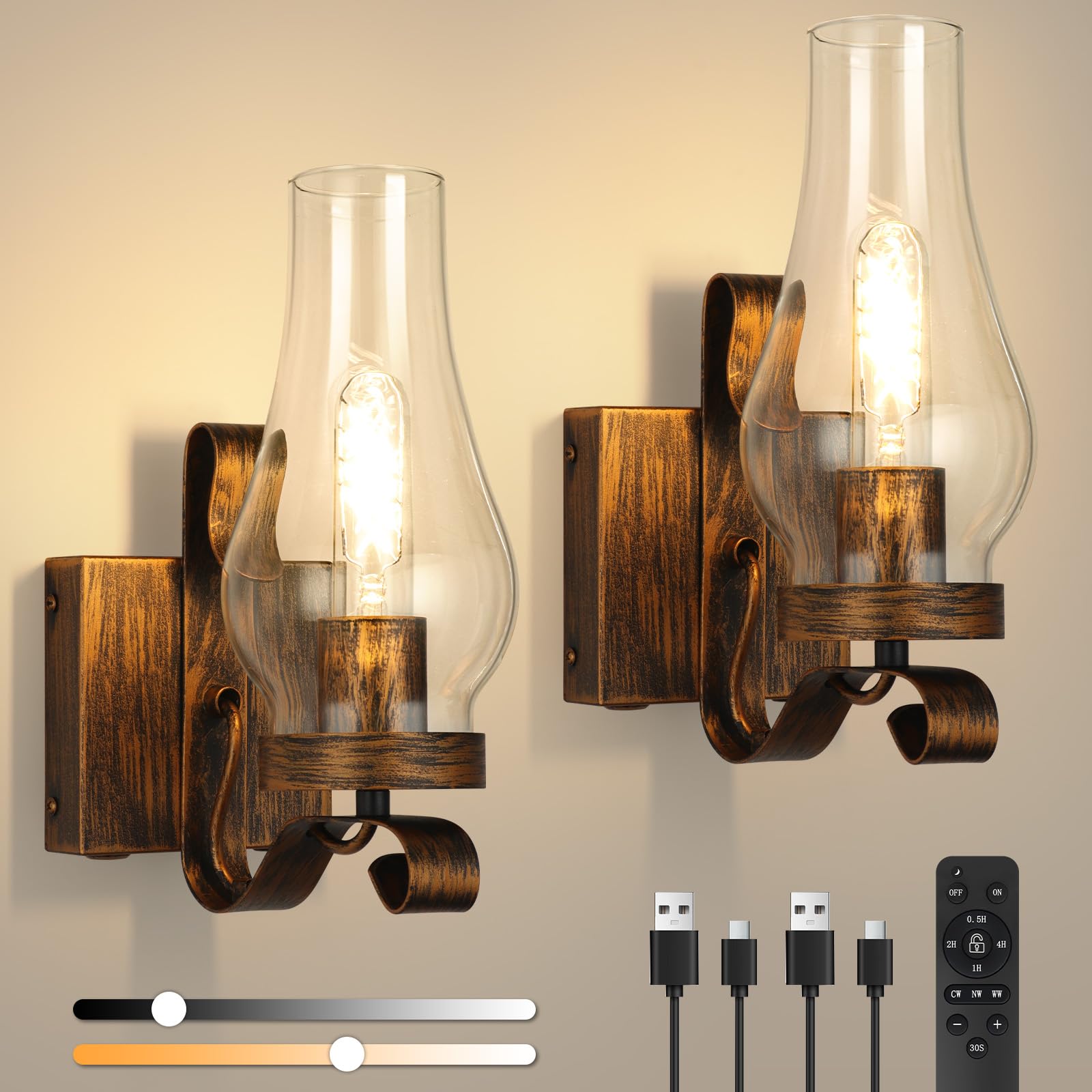 EIDEARAY Battery Operated Wall Sconces, Rustic Wall Lights Sets of 2, Non-Hardwired Antique Kerosene Wall Lamps, Vintage Bedside