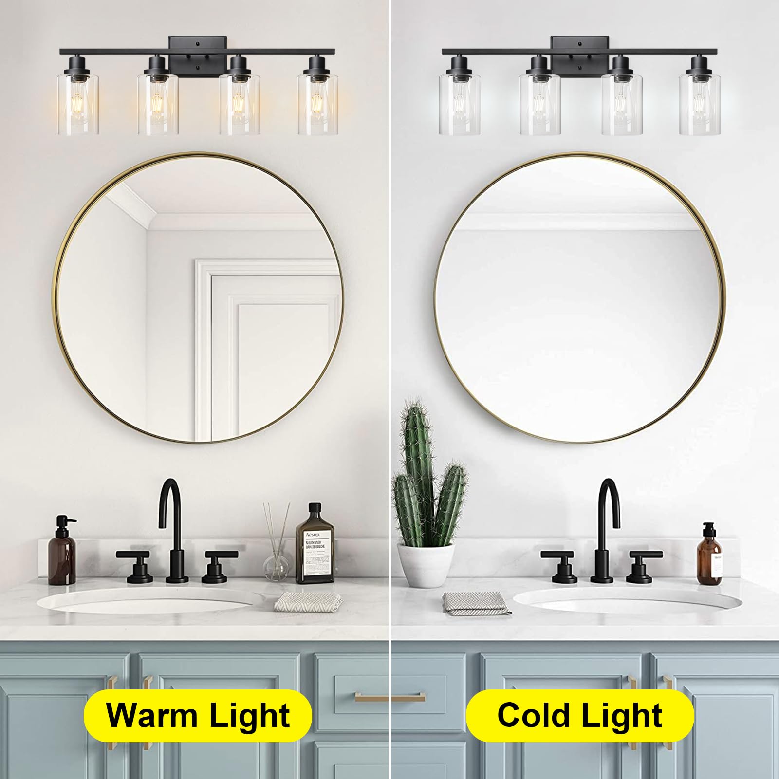 Ascher 4-Light 29.3'' Wall Sconces, Modern Vanity Light Fixture With Clear Glass Shade, Black Finish Wall Light For Mirror Bedro