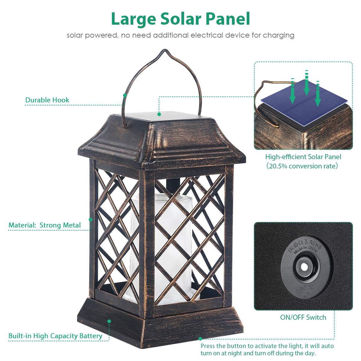 TomCare Solar Lanterns, 2 Pack, Metal, Waterproof, Flickering Flame, Bronze, Model SZ-20015