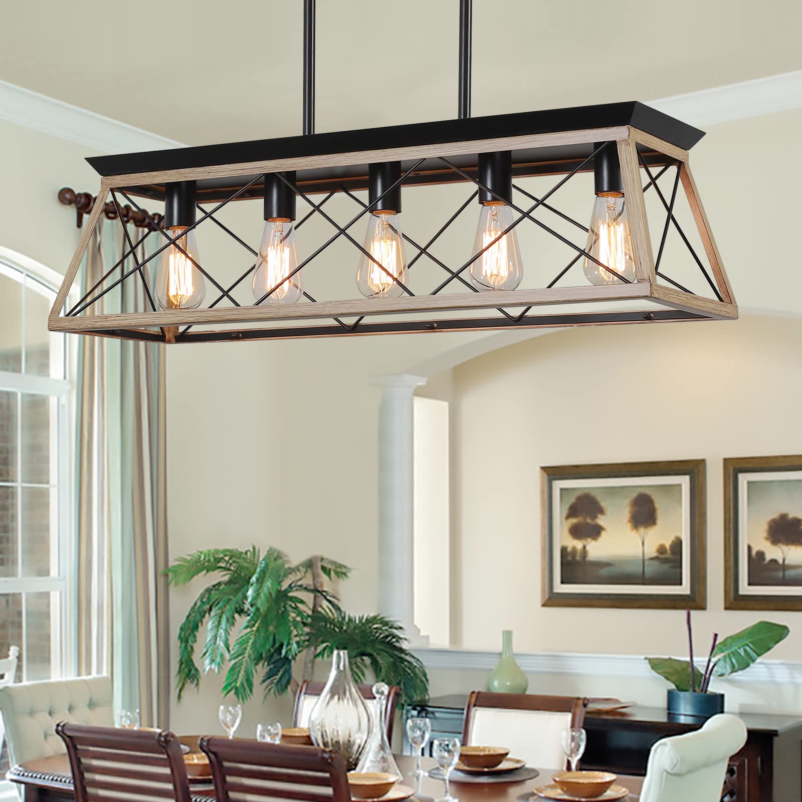 XIPUDA 5-Light Linear Pendant Chandelier, Rustic Metal Ceiling Light Fixture, Oak Finish, Model XPD-0021