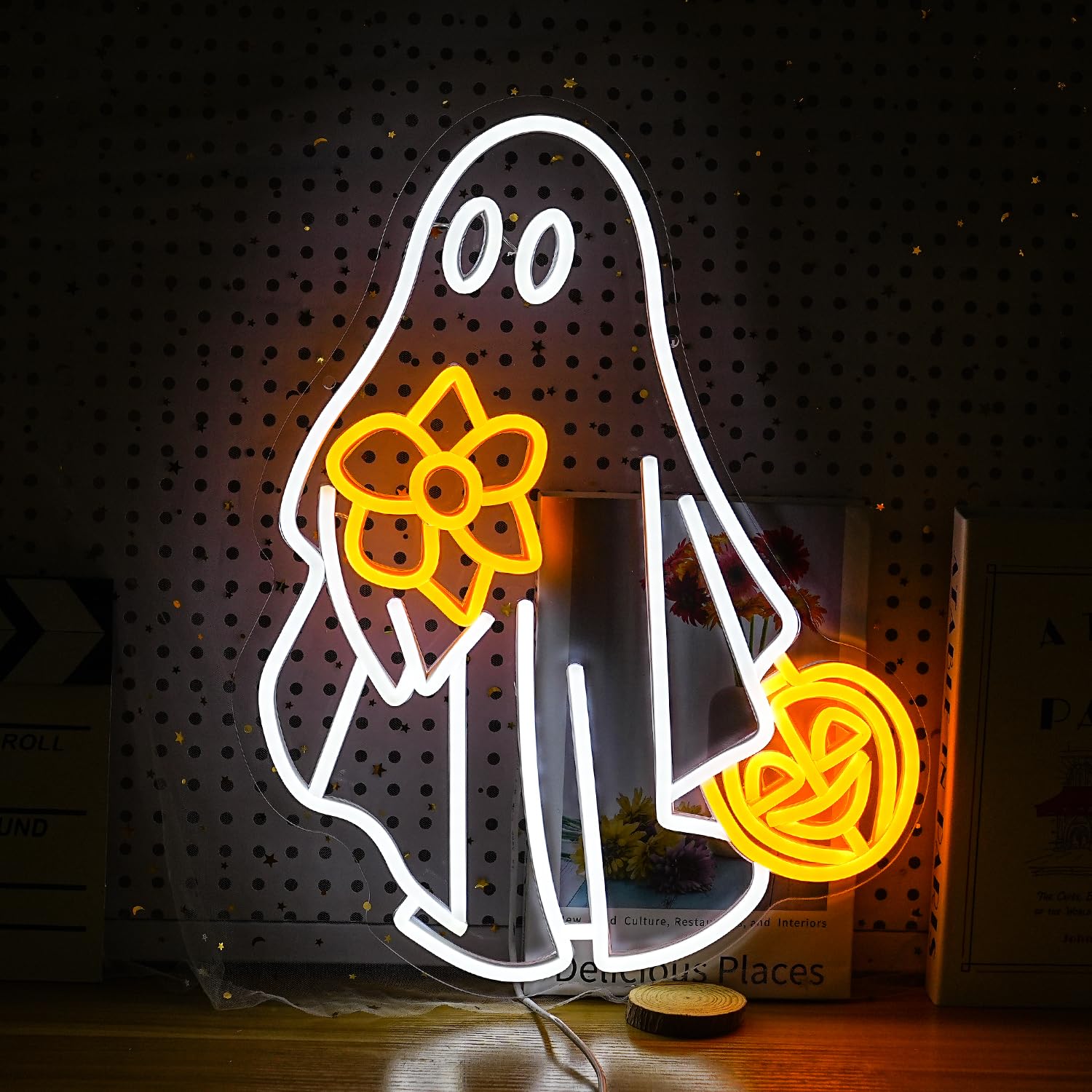 GNVETZLL Ghost Neon Sign - Dimmable USB Powered Pumpkin LED Light - Halloween Decor - Yellow White
